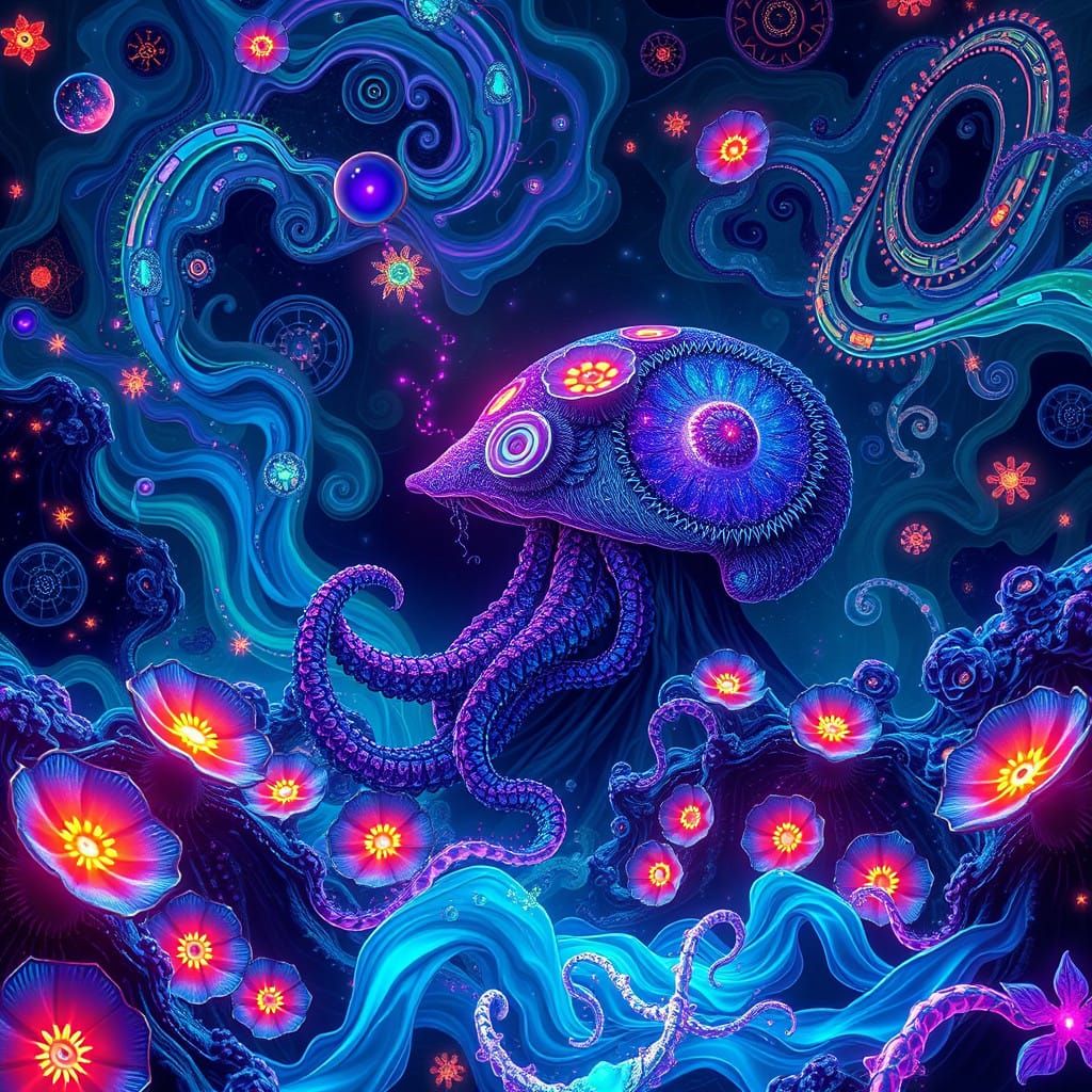 Dreamlike Blooms Among Swirling Fractals in Organic Cyberpun...