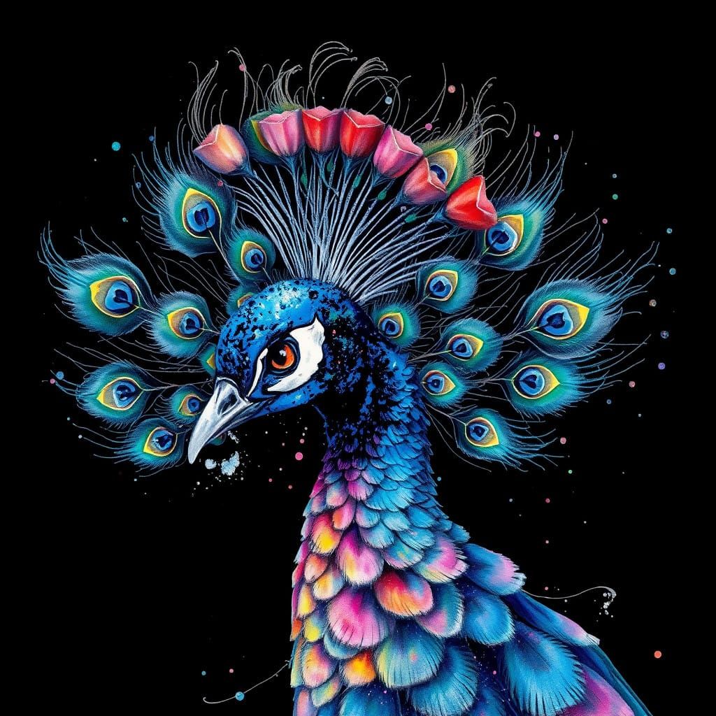 Majestic Peacock in Hyper-Realistic Wet-On-Wet Watercolor St...