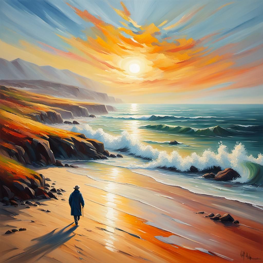 Deserted Coastline Oil Painting with Warm Sunlight
