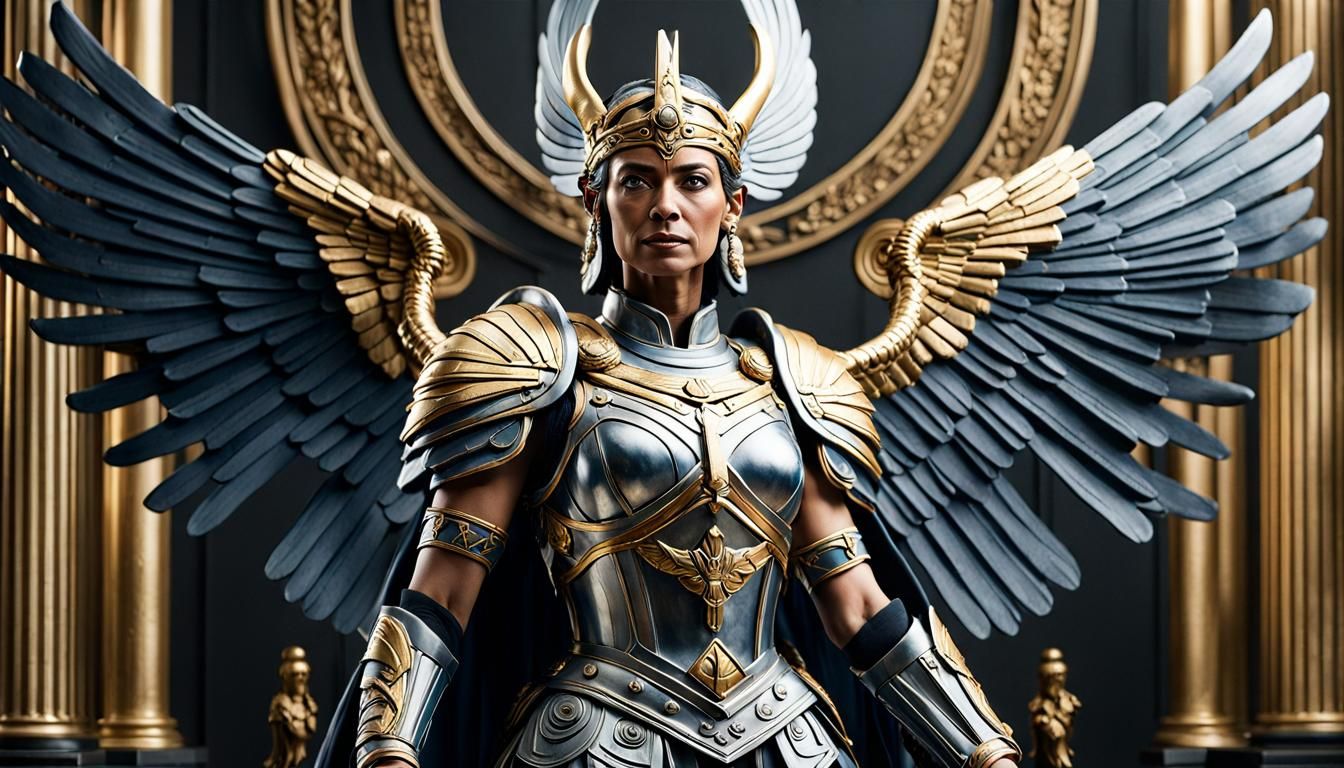 "Imagine Marion Maréchal, the French political figure, adorned in the attire of a Valkyrie, embodying strength, valor, a...