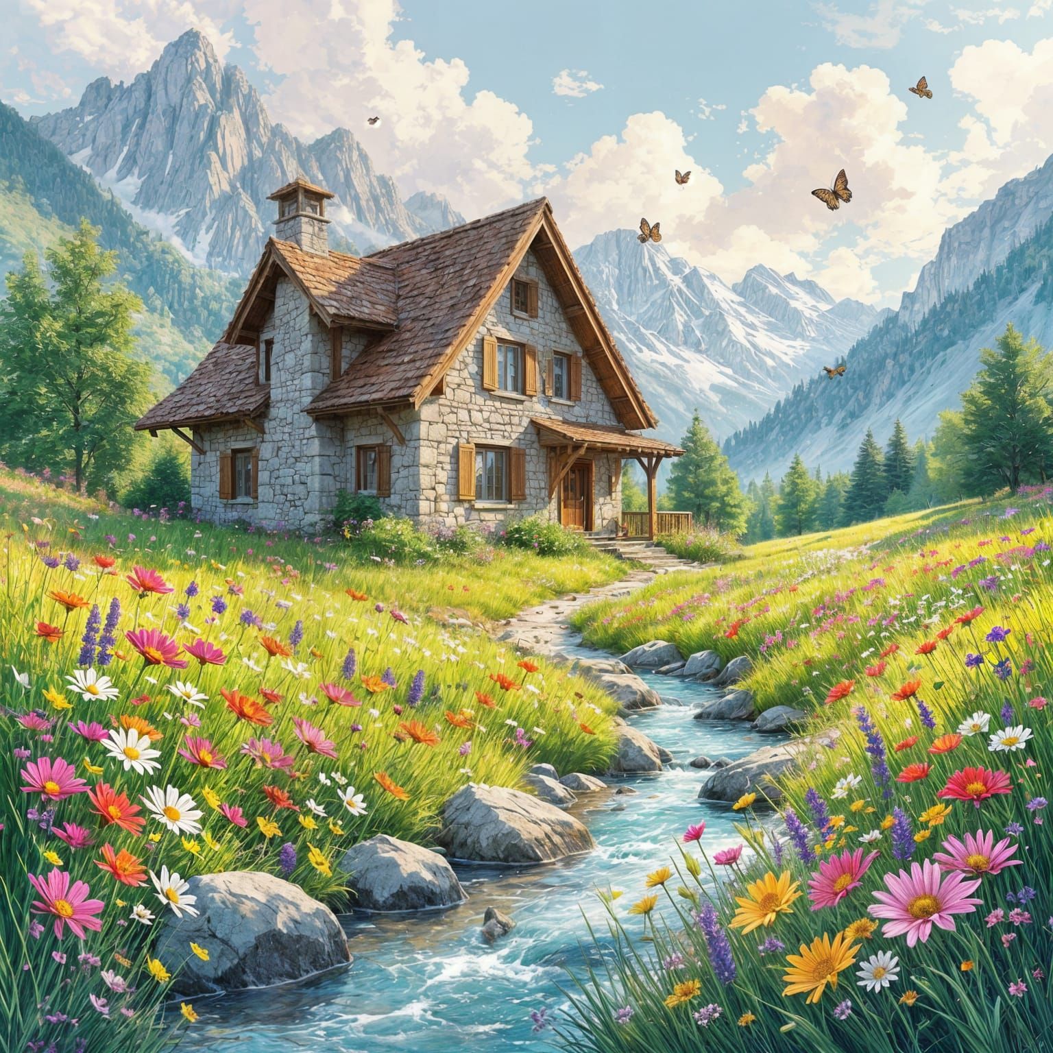 Fantasy Stone House Meadow In Morning Light