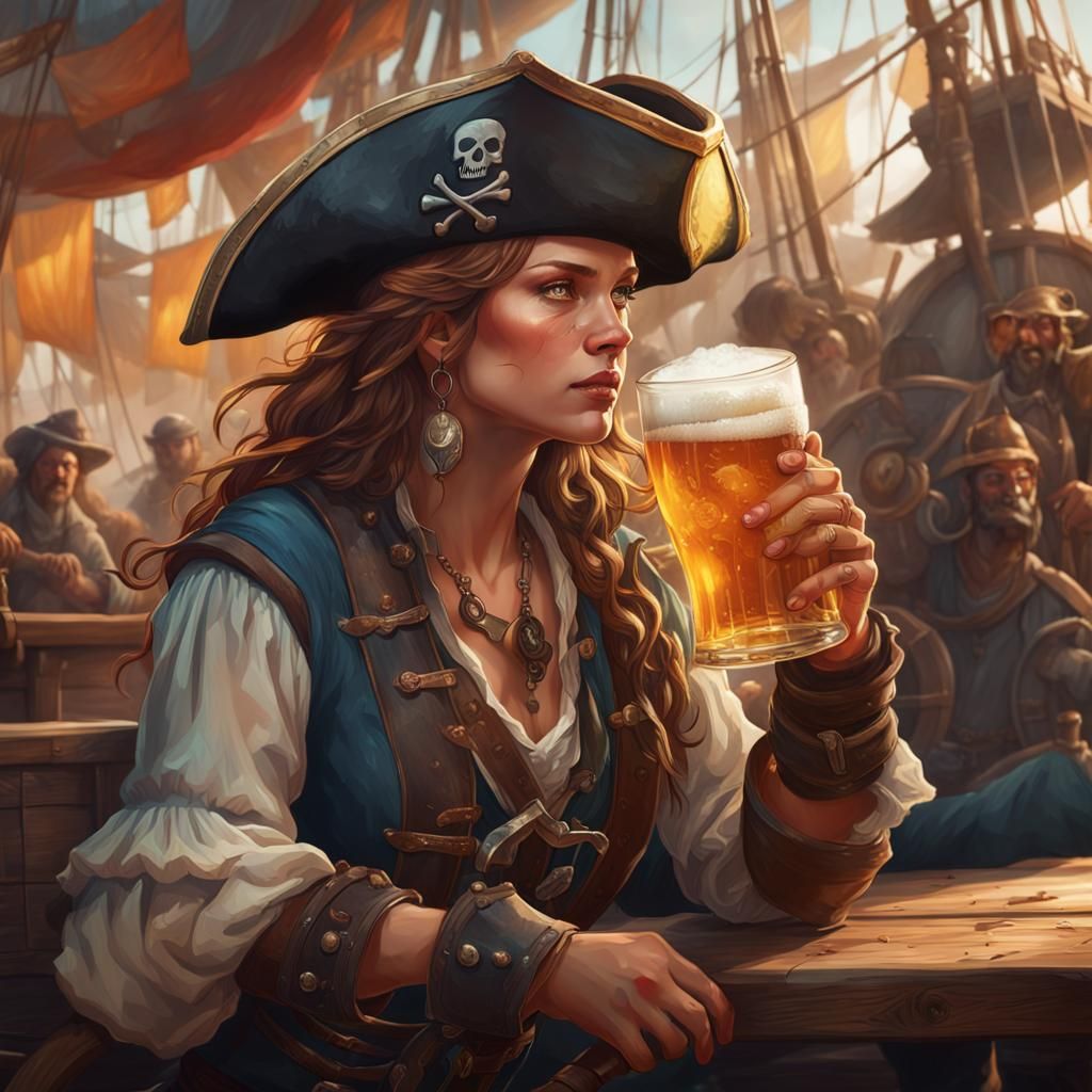 Pirate Woman Drinking Beer in Hyperrealistic Style