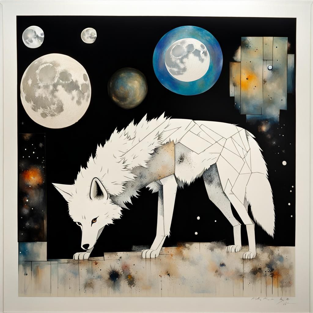 White Wolf in Cosmos, Whimsical Surrealist Style