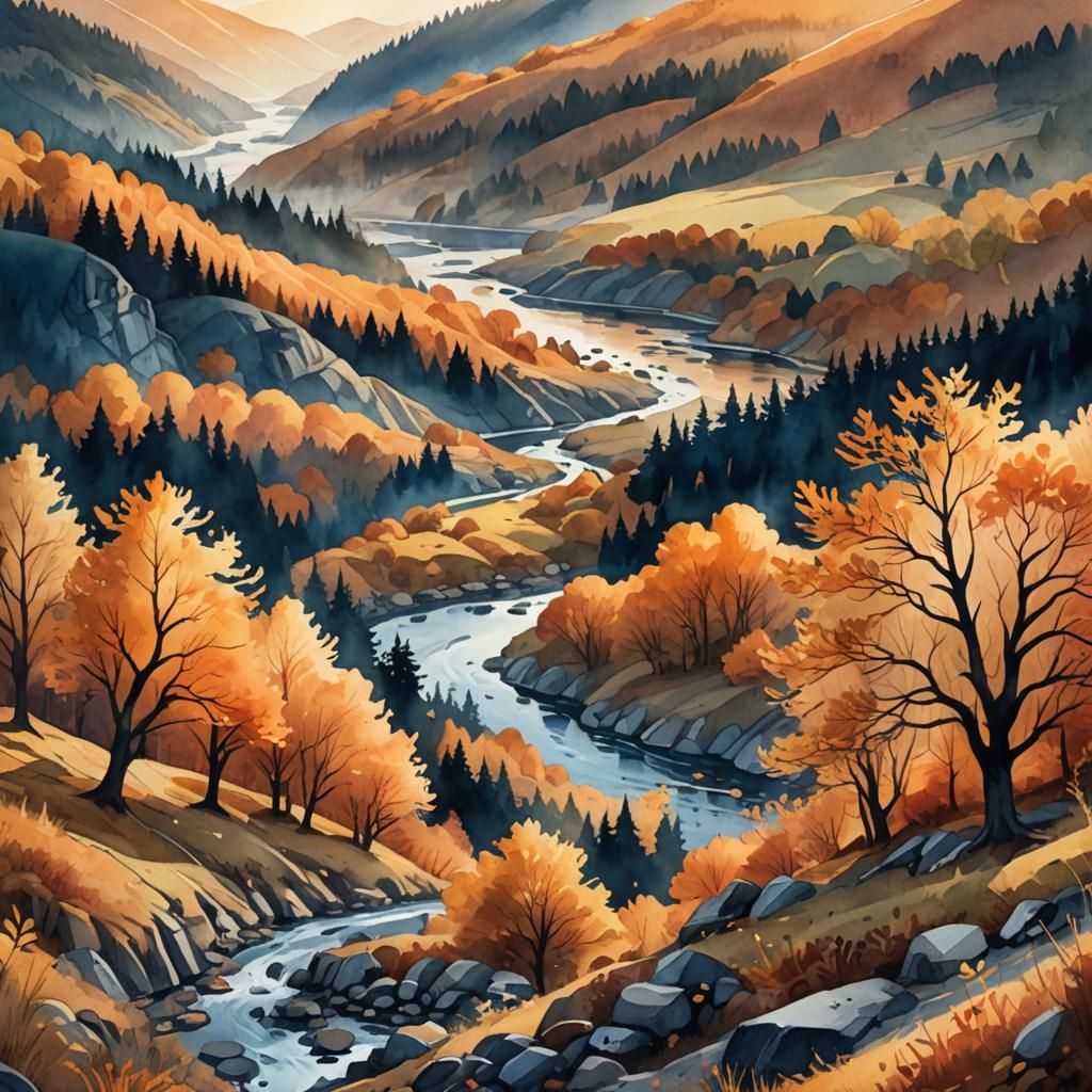 Autumn Sunset: Digital Watercolor Fantasy Landscape