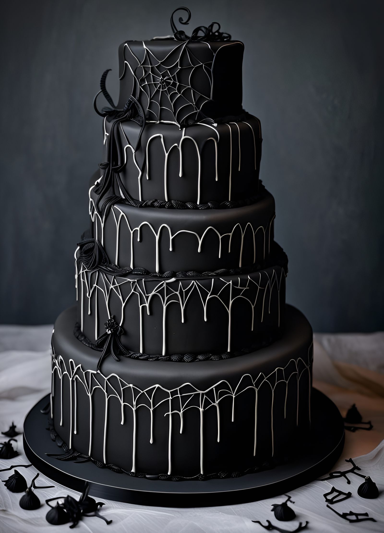 Gothic Wedding Cake with Cobwebs in Film Noir