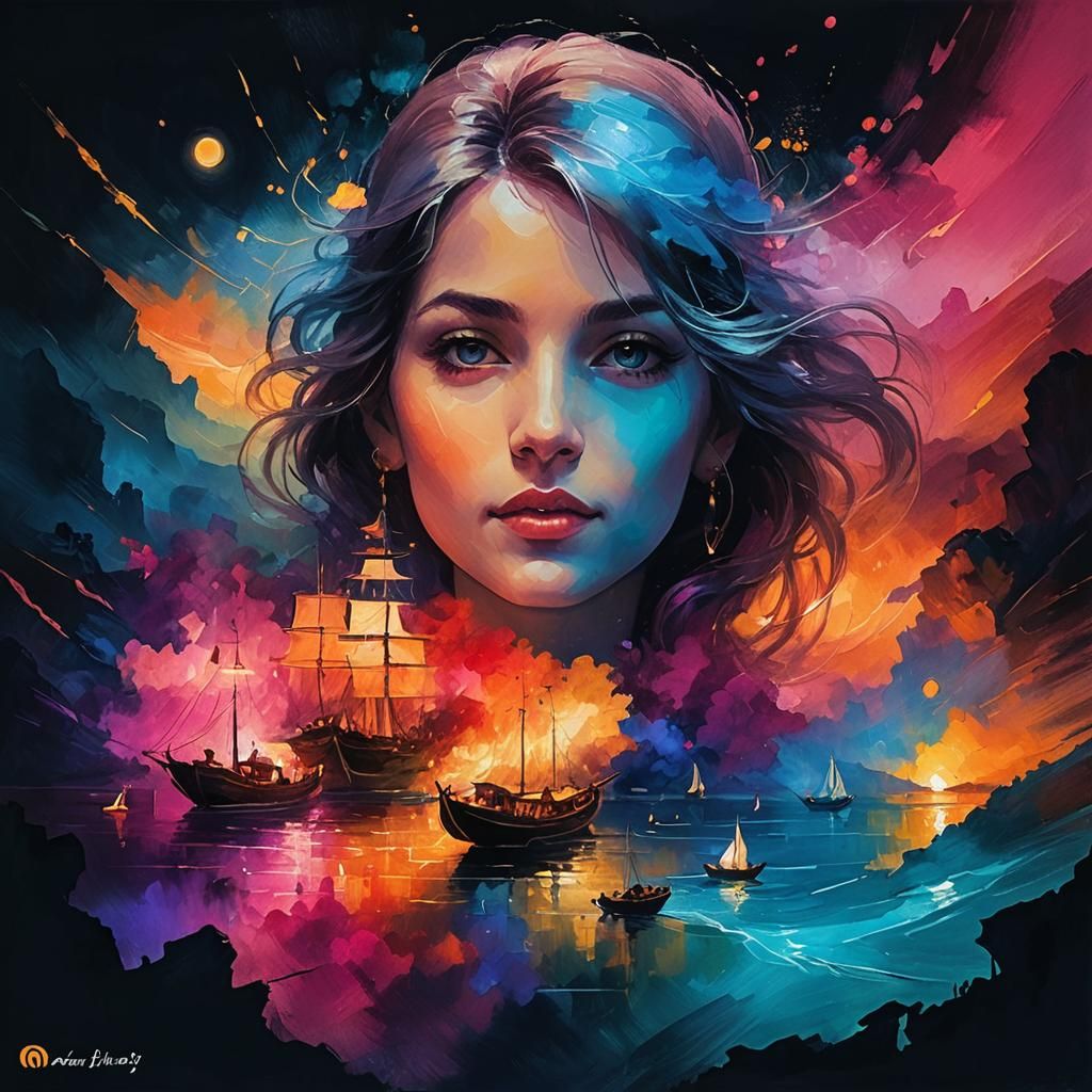 Fantasy Harbour Sunset: Aerial Oil Painting