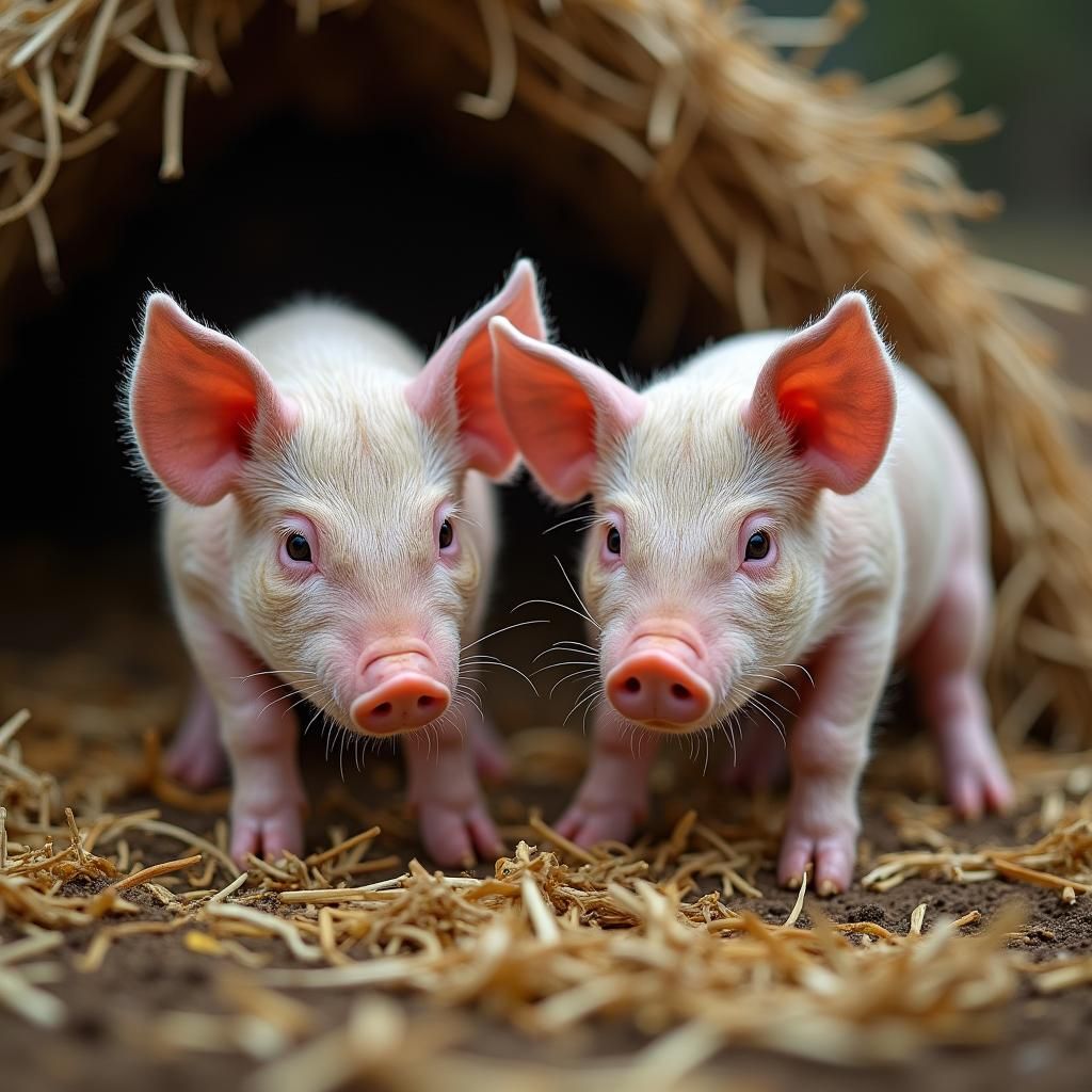 Pigs Building a Straw House in Hyper-Detailed Portrait