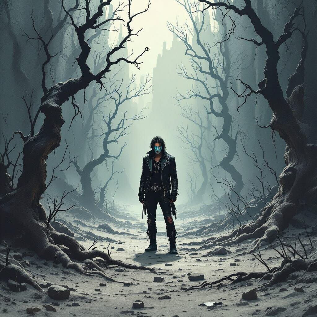 Dystopian Rockstar in Dead Woodland, Dark Concept Art