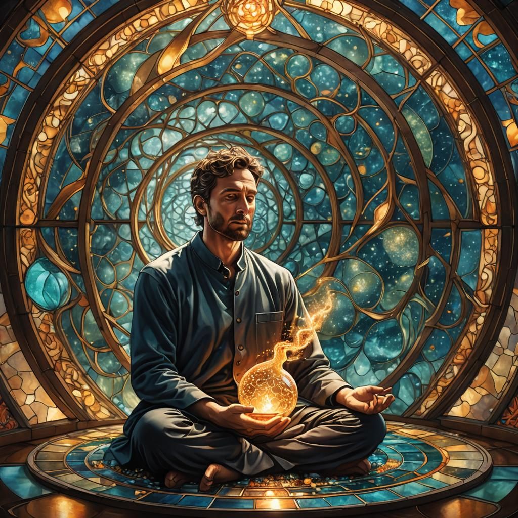 Meditating Man in Tiffany Glass Bulb Illustration
