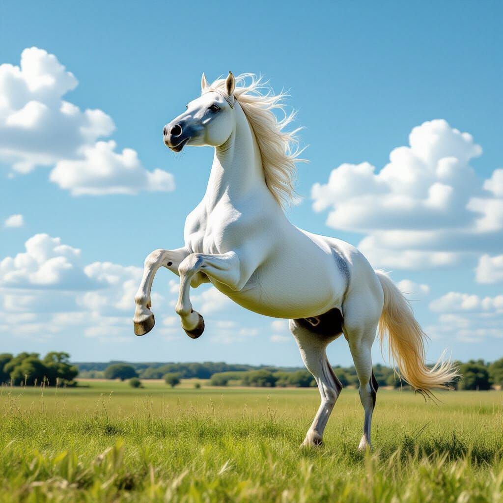 Majestic White Horse Rearing in Sunny Field