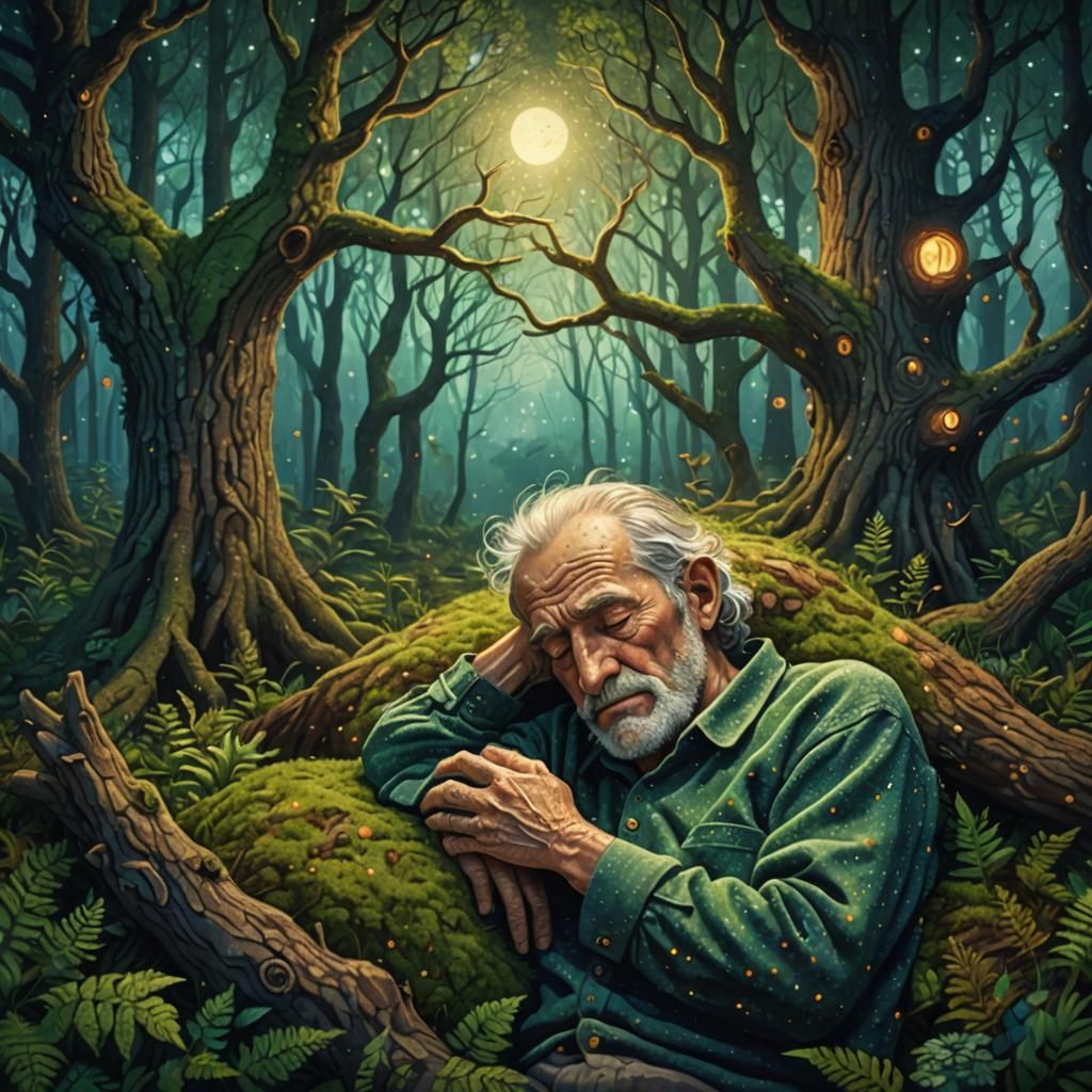 Old Man Sleeps in Forest Hands: Pointillist Surrealism
