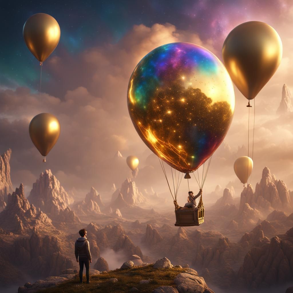 Golden Balloon Ascends Rainbow Galaxy, Detailed Fantasy Art