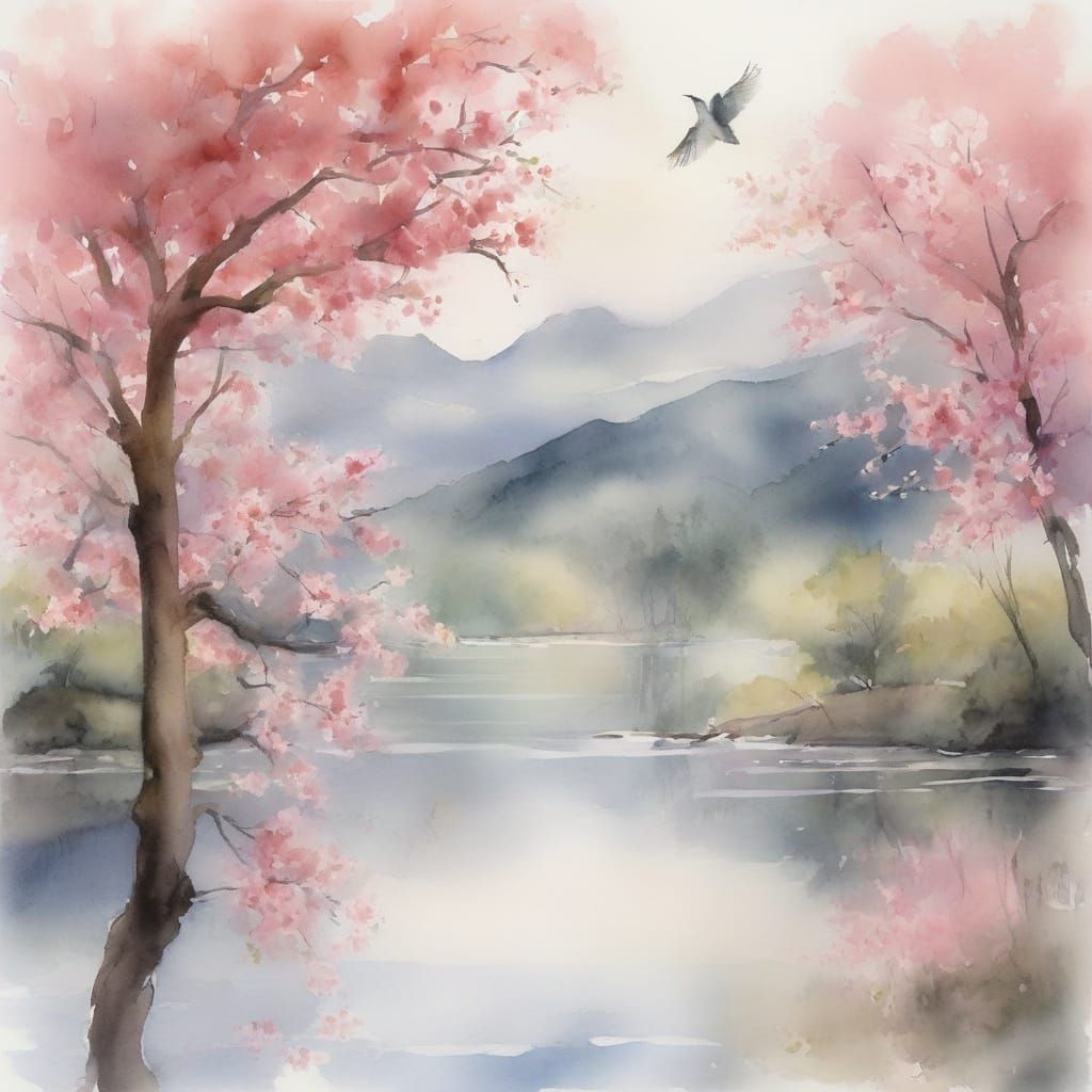 Elegant Cherry Blossom Scene in Soft Watercolor Style