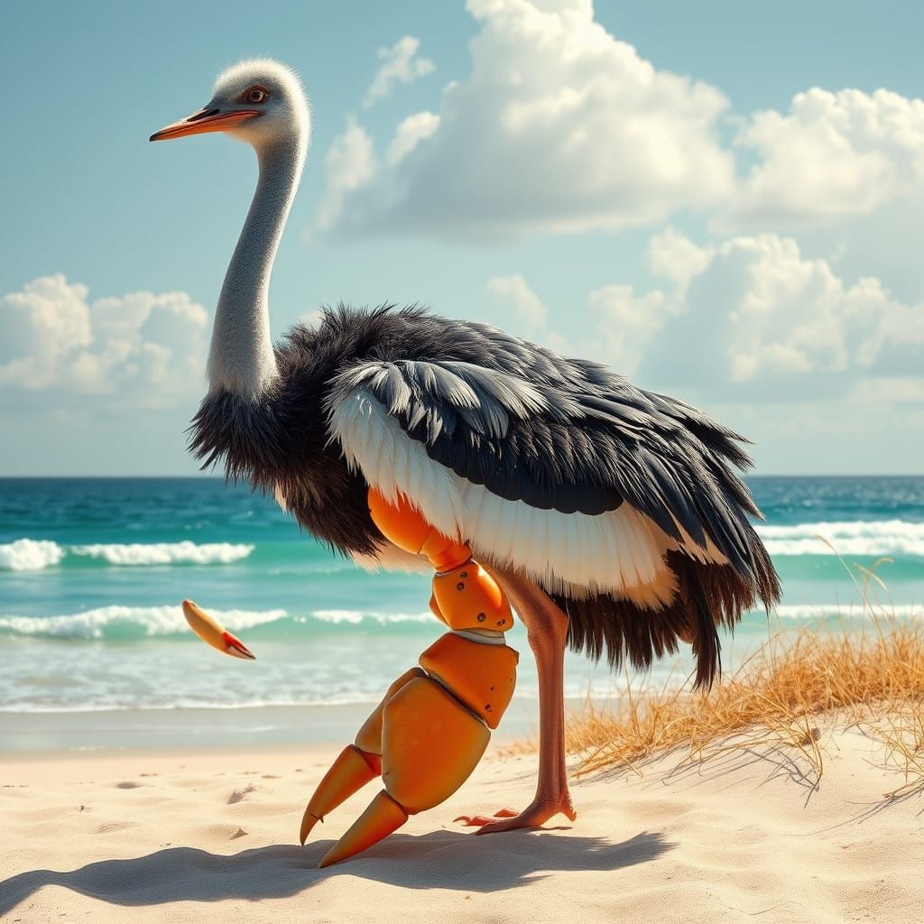 Ostrich-Crab Hybrid on a Sunny Beach: Digital Art