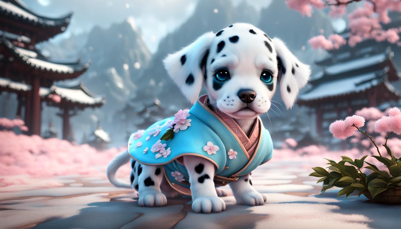 pink fluffy dalmation baby chibi puppy in a baby blue geisha...