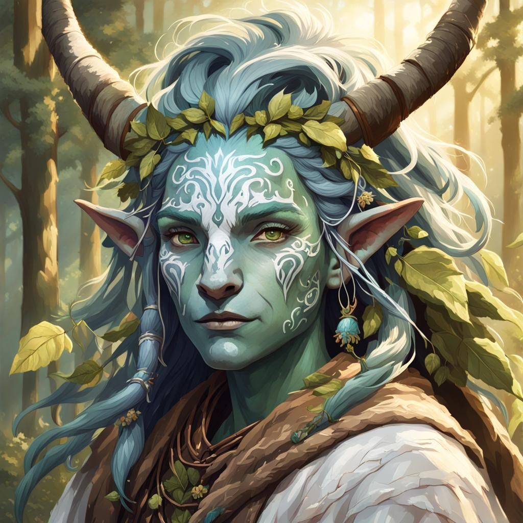 Firbolg Druid Portrait in Forest Sunlight