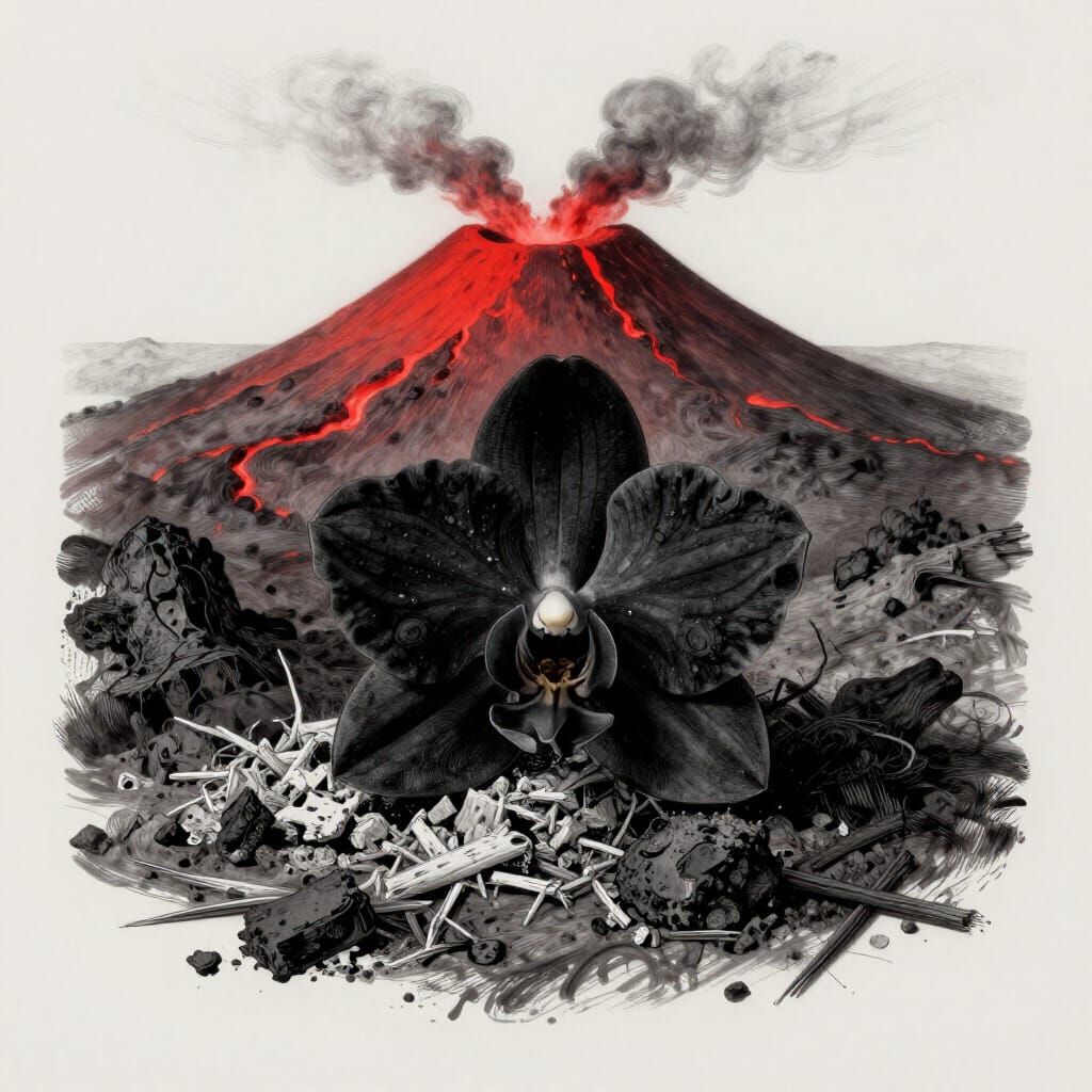 Black Orchid on Volcano Side in Red Hues