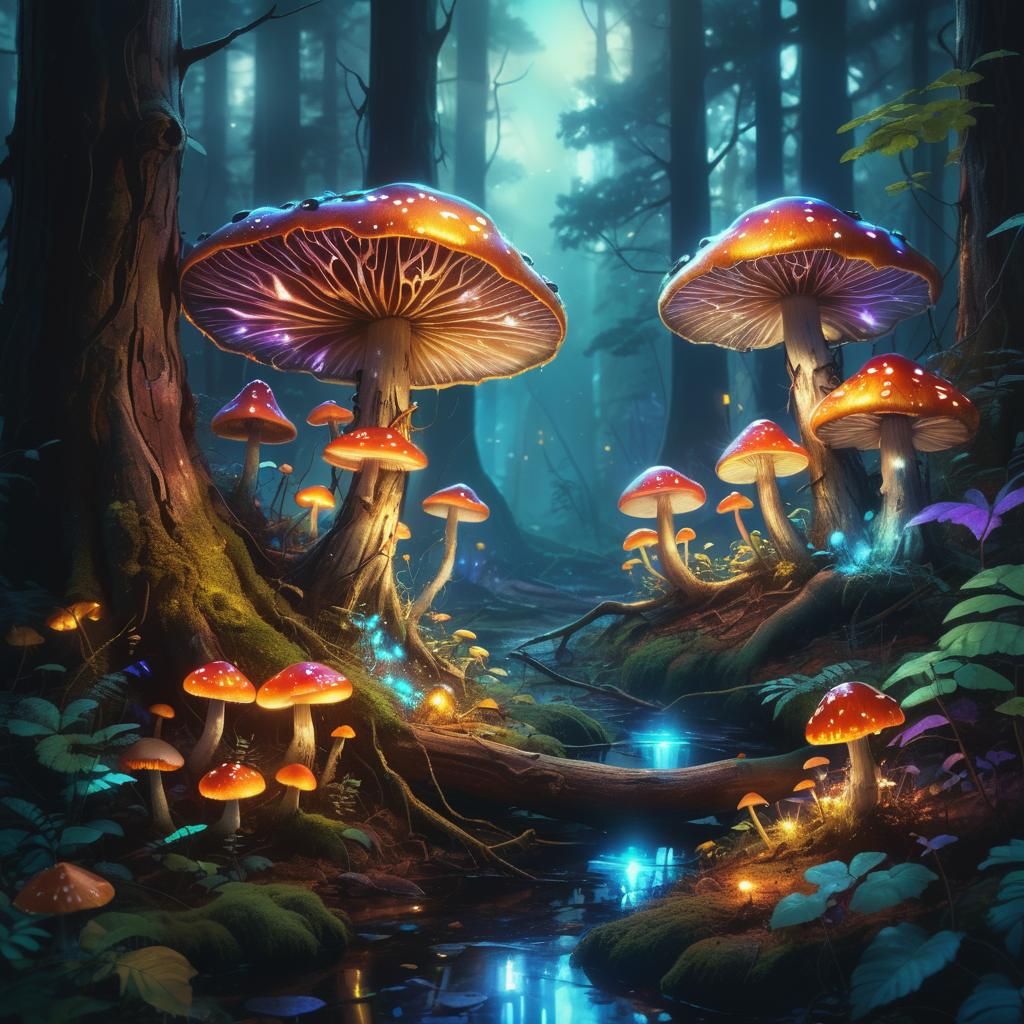 Bioluminescent Forest Macro Shot in Digital Art