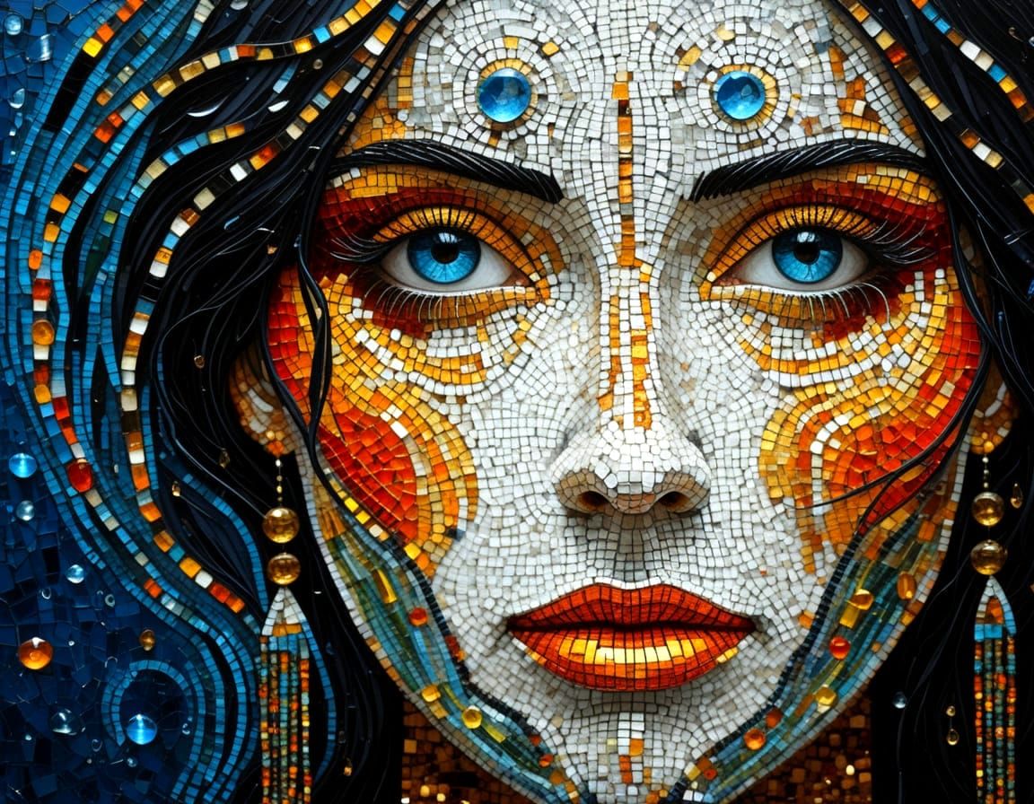 Melancholy Face in Shimmering Beadwork Digital Painting
