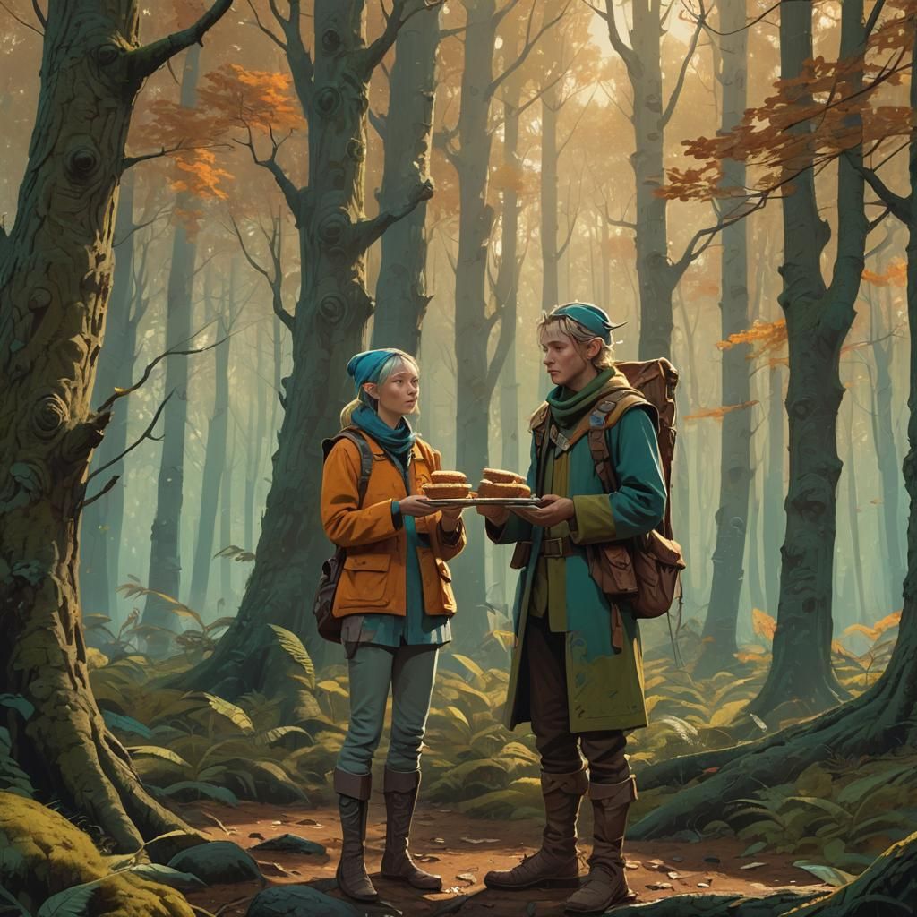 Earth Elf and Human Share Cookie in Forest