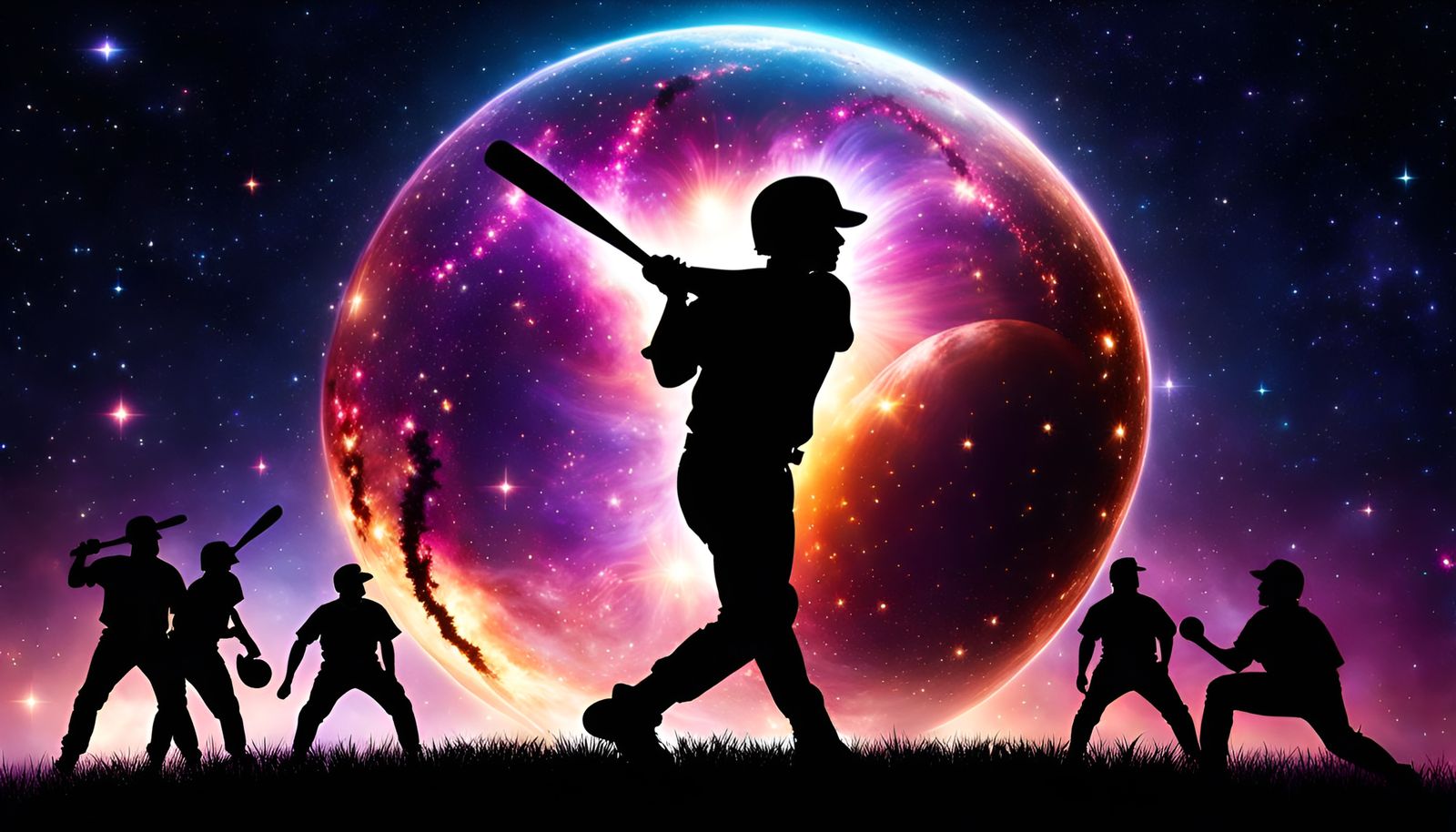 Epic Space Baseball Game with Galaxy Double Exposure
