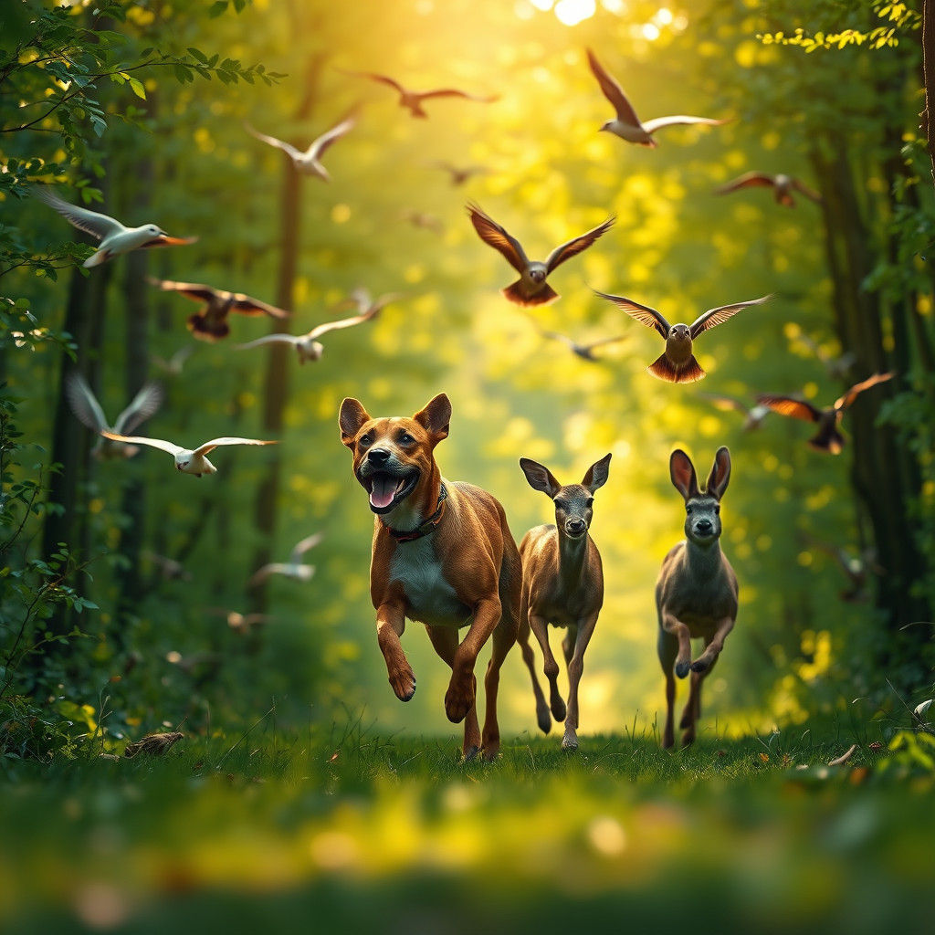 Dog, Deer, and Bunny Race Through Emerald Forest