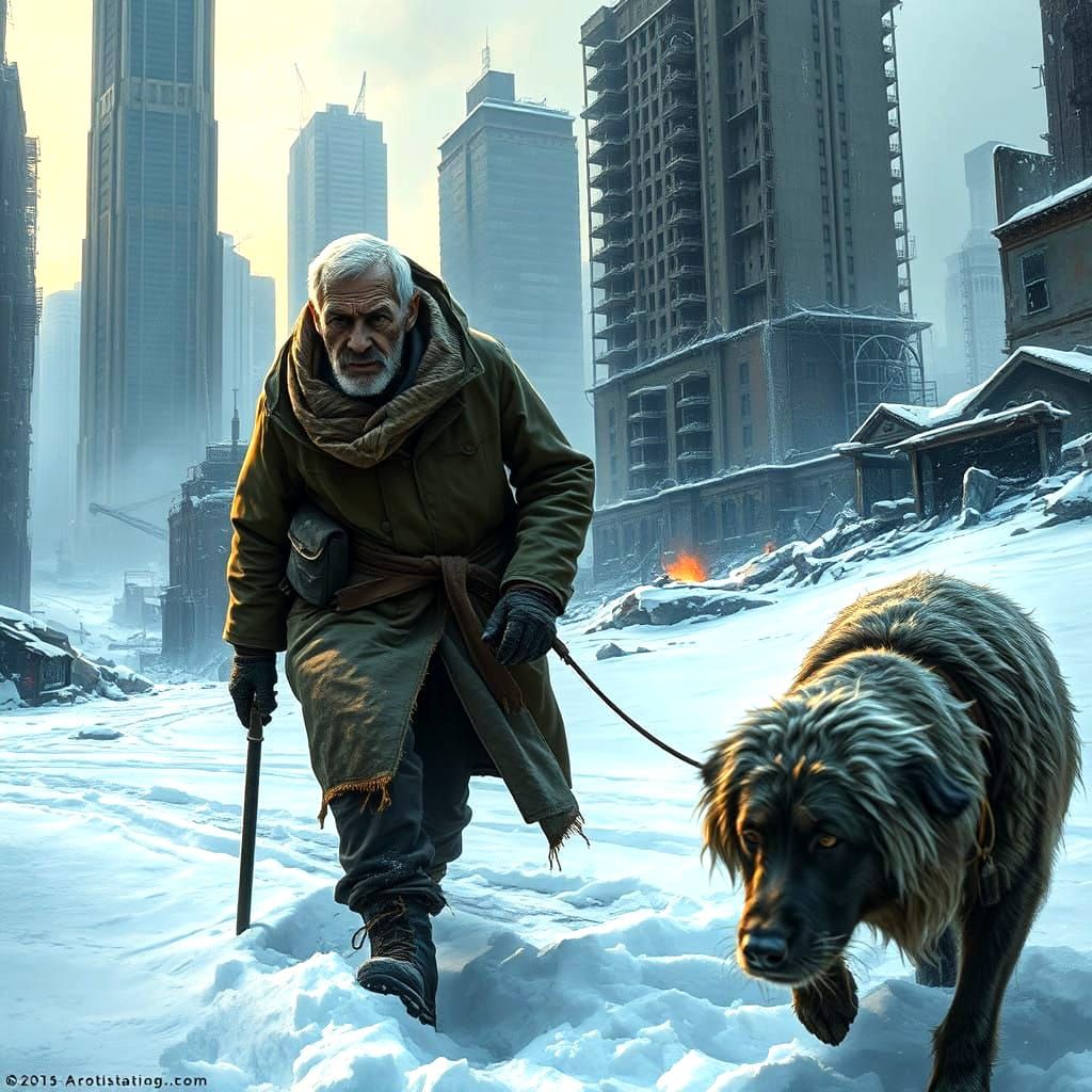 Frostbitten Wanderer Amidst Ruins of a Forgotten Metropolis