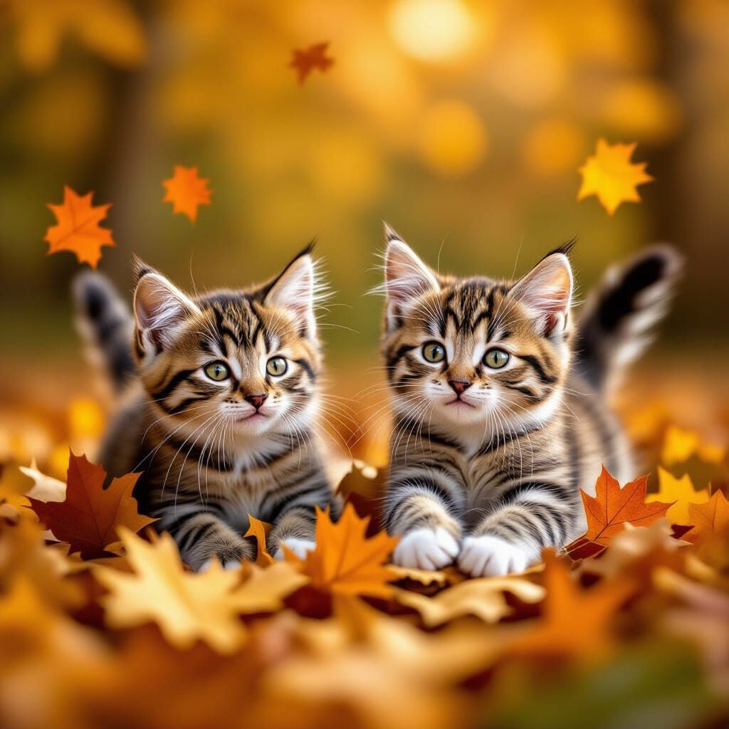 Two Smiling Tabby Kittens Play in Autumn Leaves