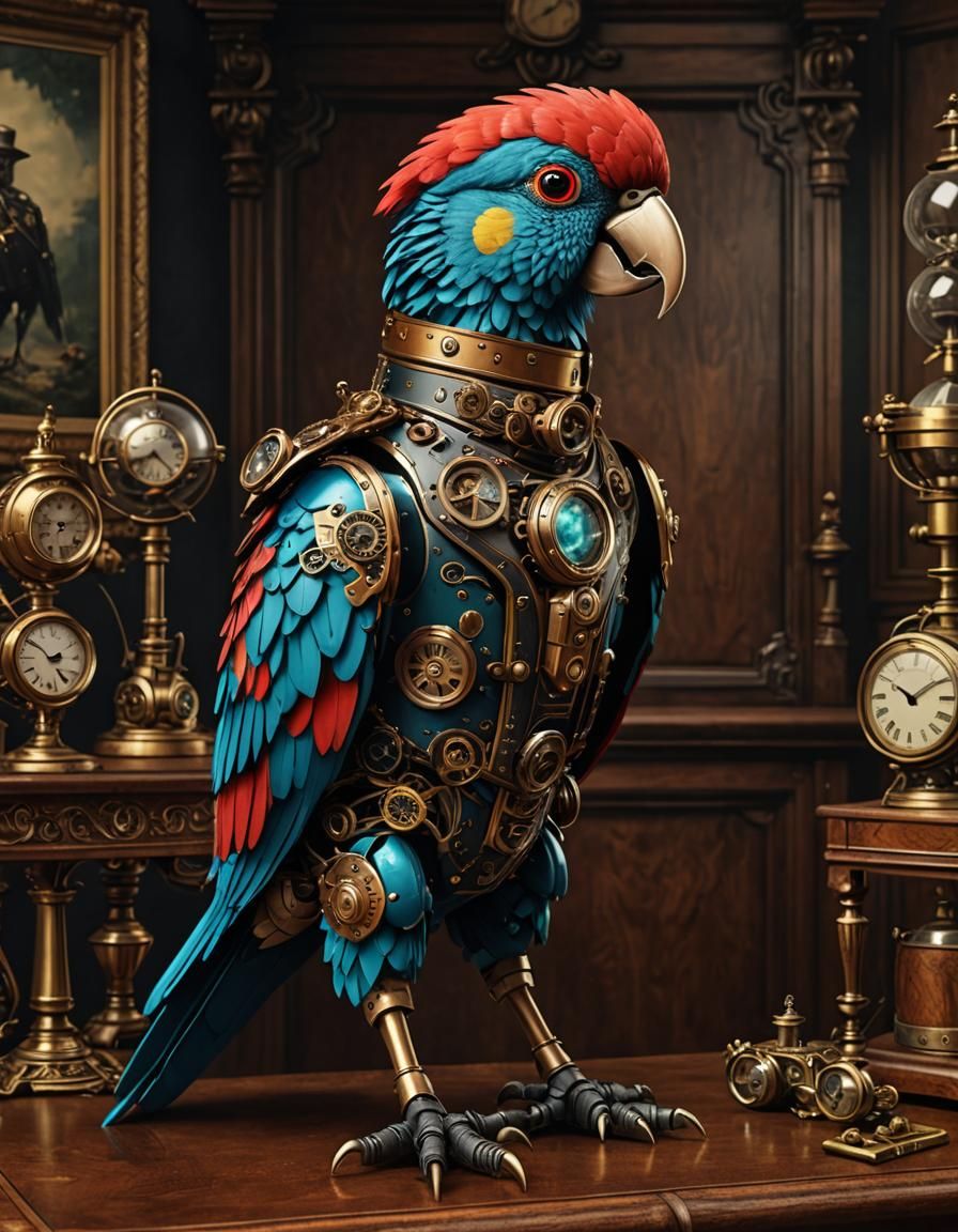 Steampunk Robot Parrot on Victorian Desk, Digital Art