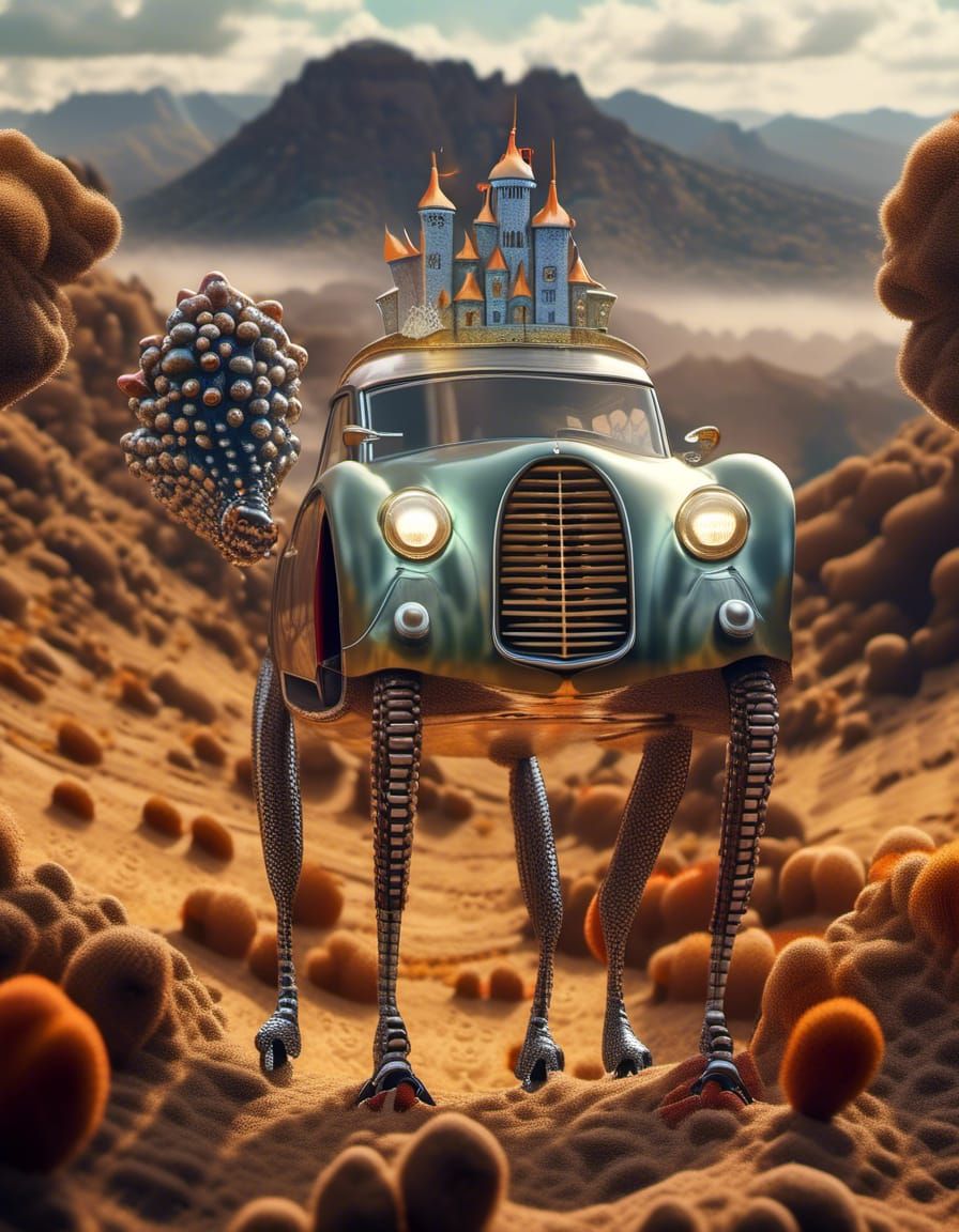 Magical Surrealist Racing Cars on Stilts