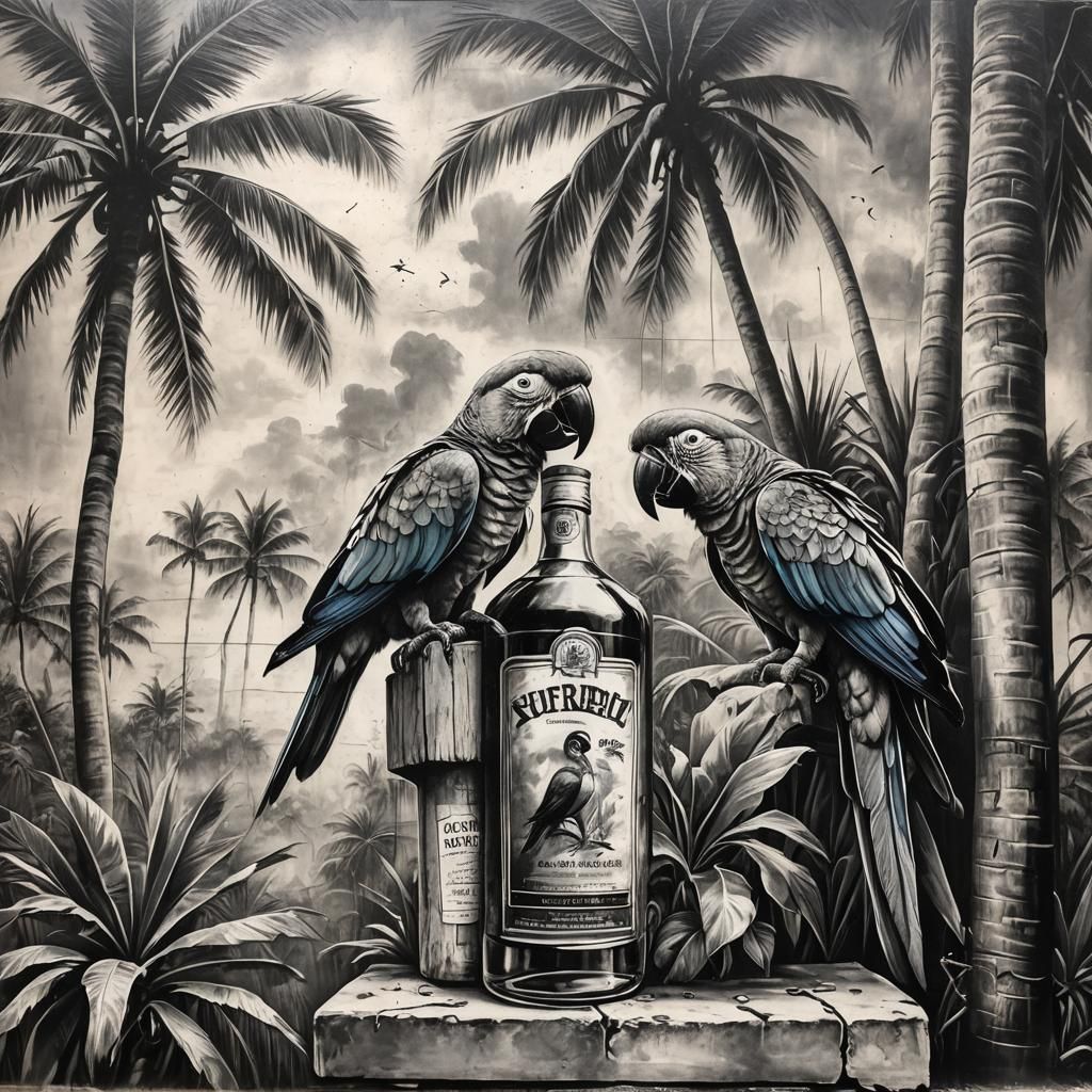 Graffiti Rum Bottle and Parrot in Jamaica