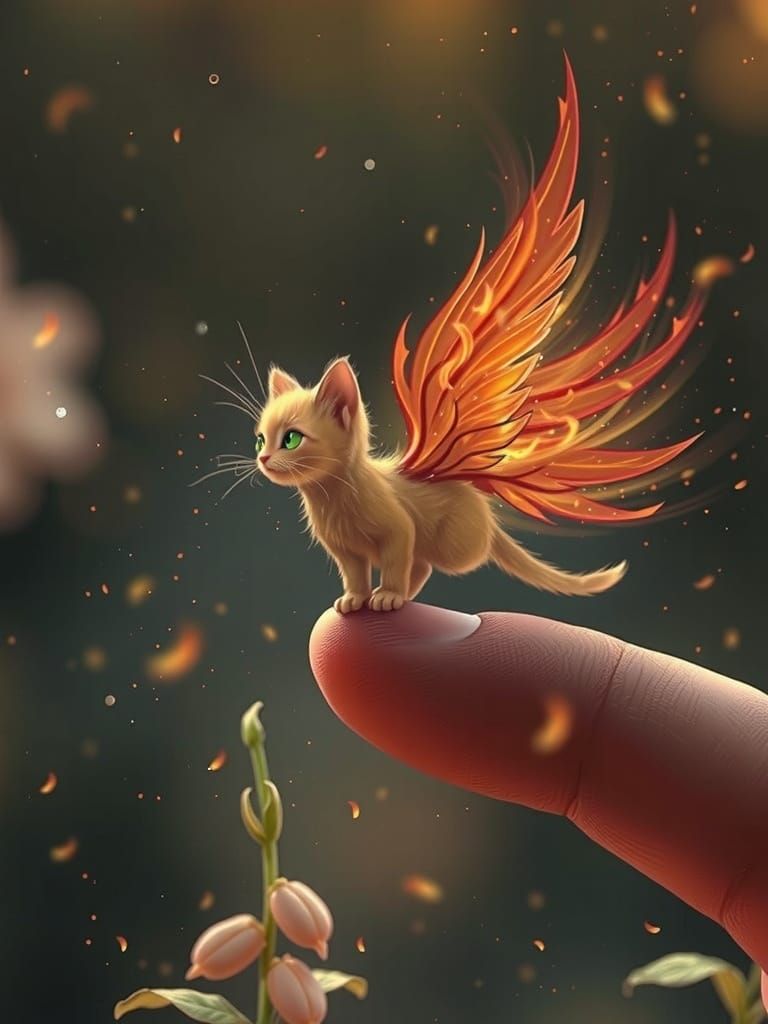 A tiny kitten made entirely of fire, with bright green eyes ...