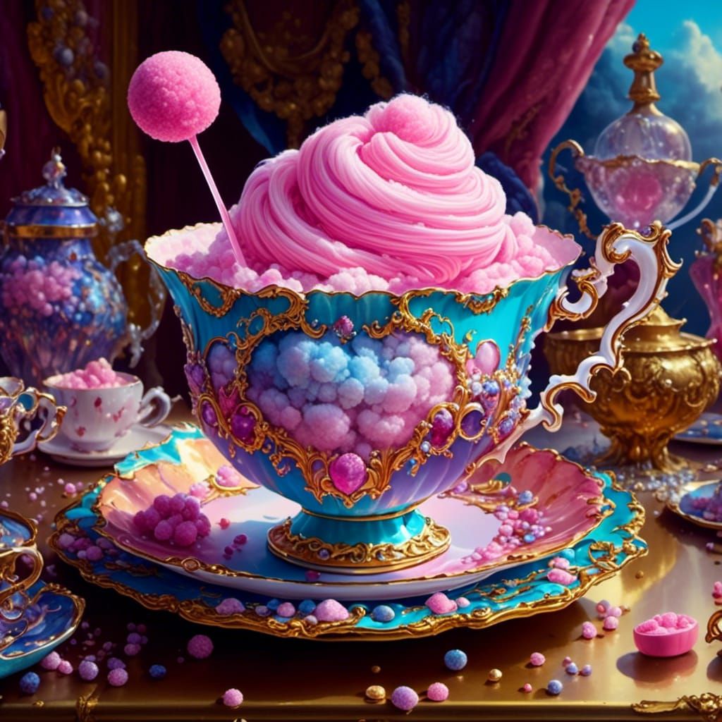 Candy Floss World in Ornate Teacup: Photorealistic Art