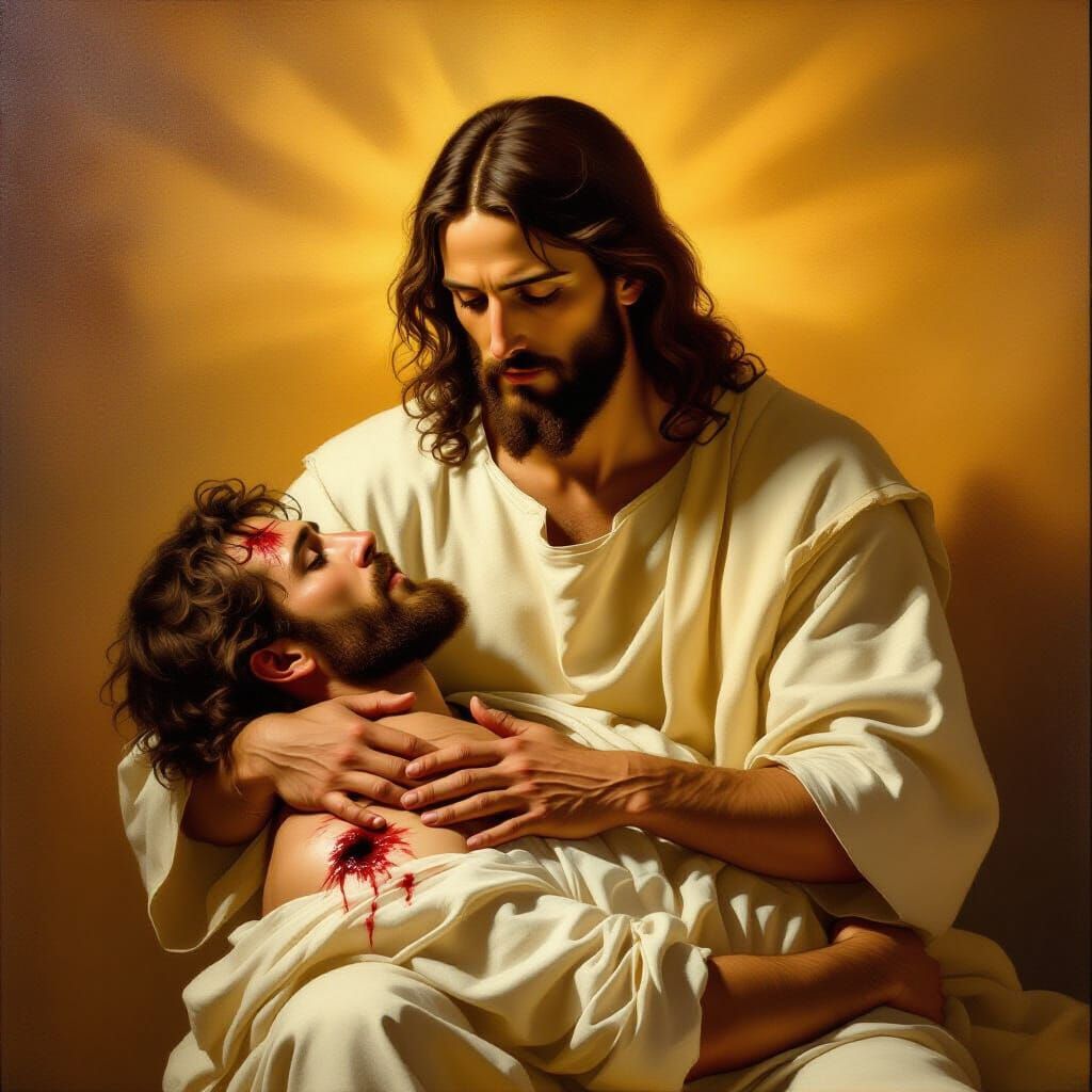 Jesus Cradling Wounded Man in Baroque Style