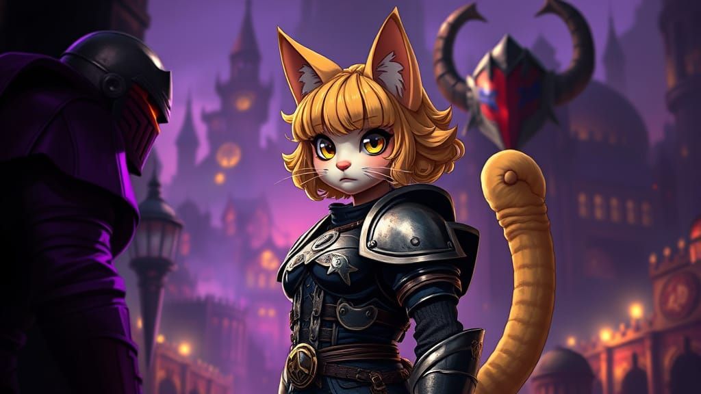 Confident Female Neko Warrior in Medieval Fantasy City