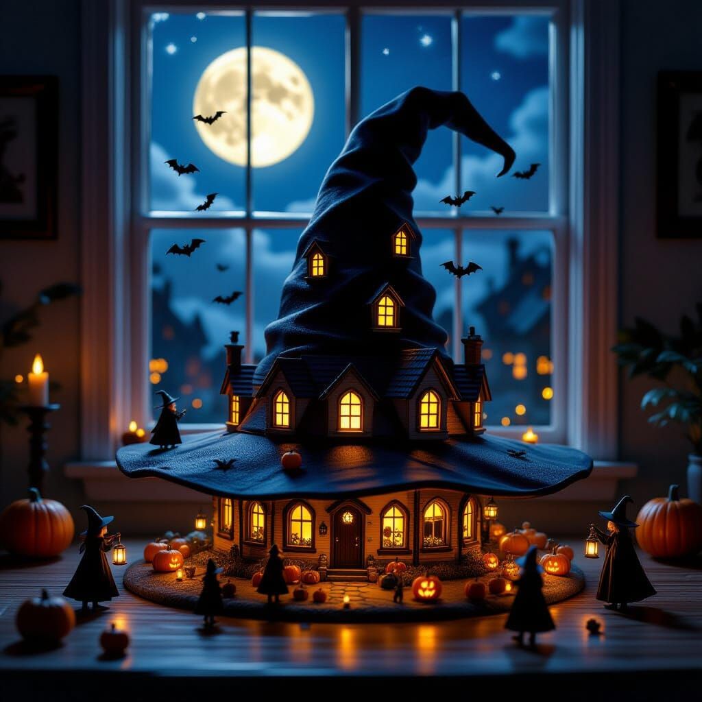 Surreal Miniature Village in Witch Hat Under Full Moon