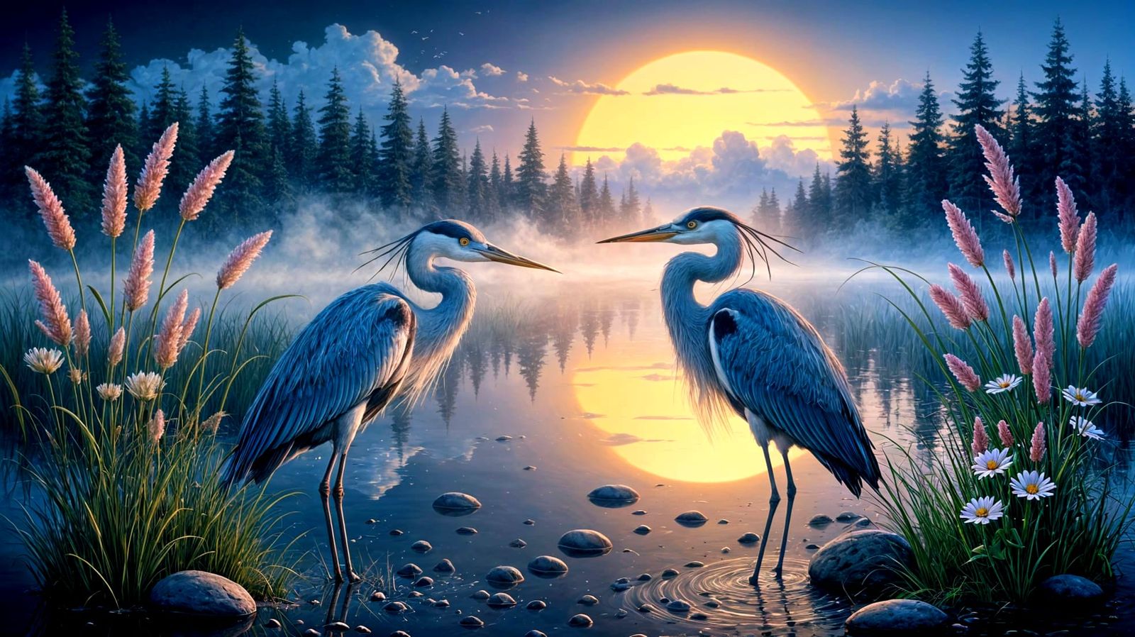 Two Blue Herons at Dusk in Moody Vintage Art Style