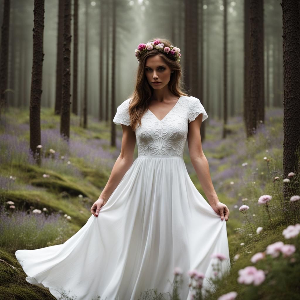 Elegant White Dress with Flowers in Forest