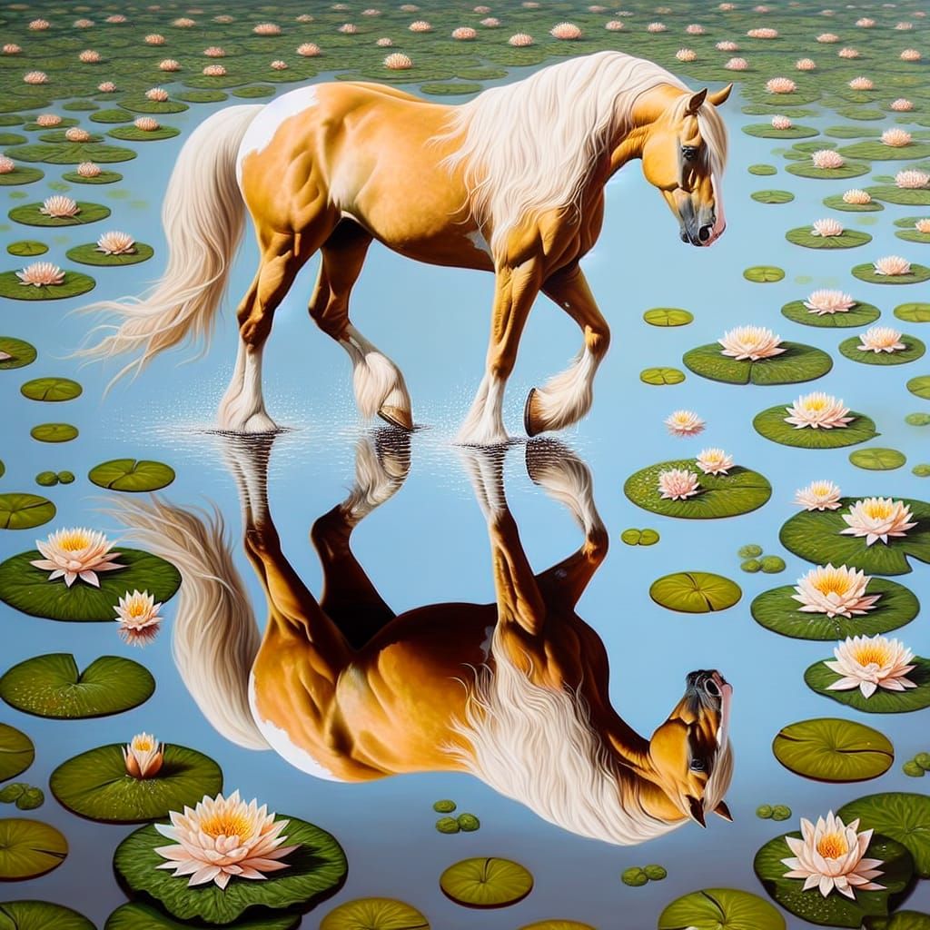 Palomino Horse Reflection in Lily Pond Painting
