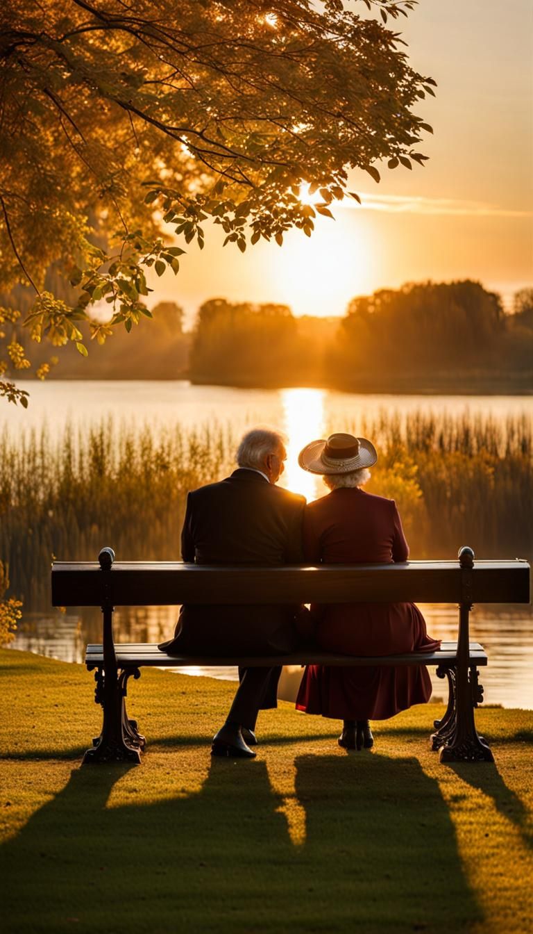 Elderly Couple Embrace at Sunset: Art Nouveau Photo