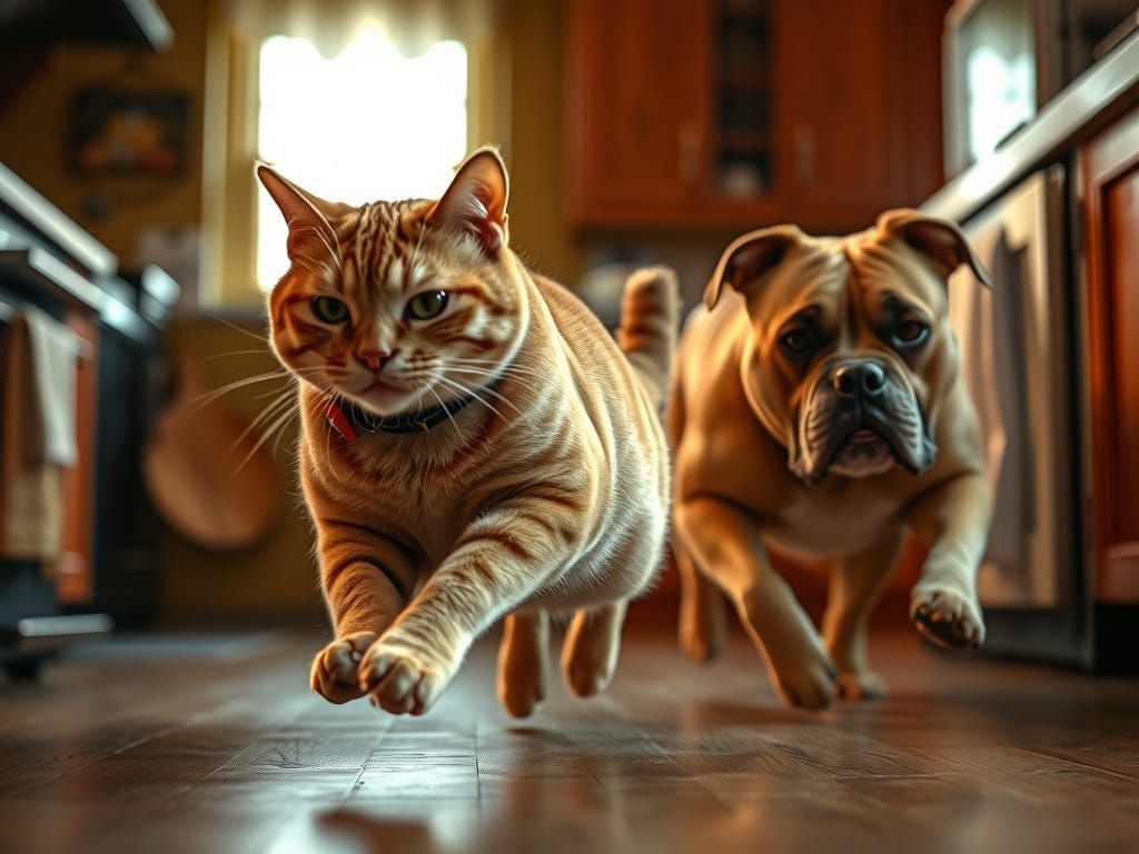Ginger Cat Flees Pit Bull in Dramatic Kitchen Chase