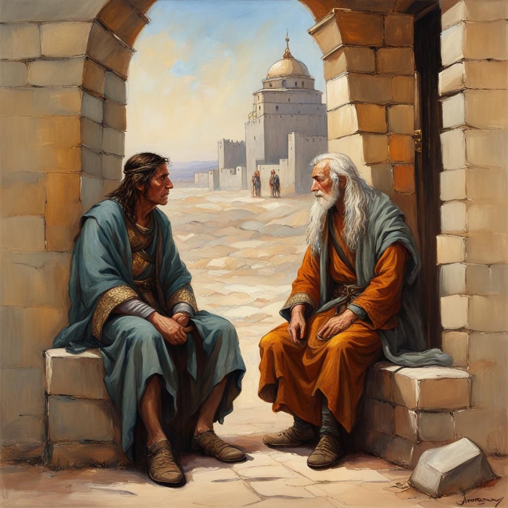 Sage and Disciple at City Gate, Oil Painting