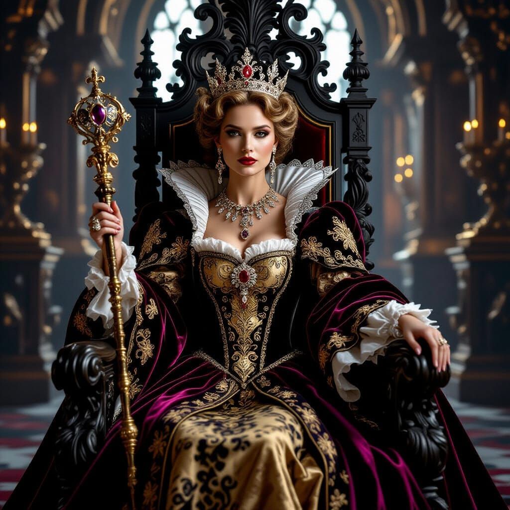 Regal Gothic Queen on Ornate Throne, Baroque Style
