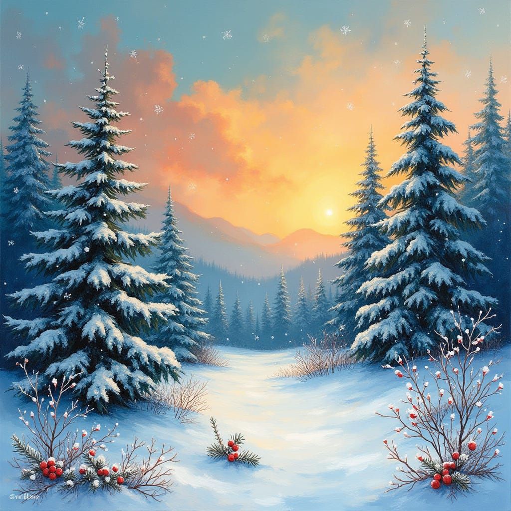 Winter Wonderland with Snowy Pine Trees and Vibrant Sky