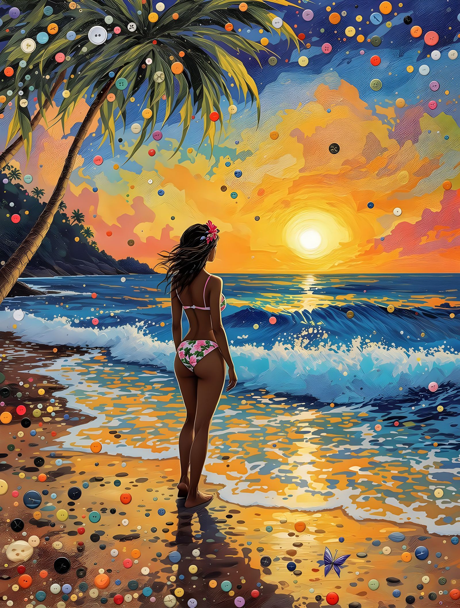 Bikini Beach Sunset in Mixed Media Impasto Collage