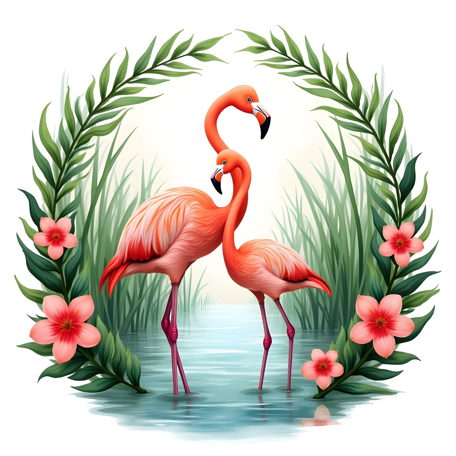 Flamingo Mother and Baby in Serene Mangrove Lagoon Watercolo...