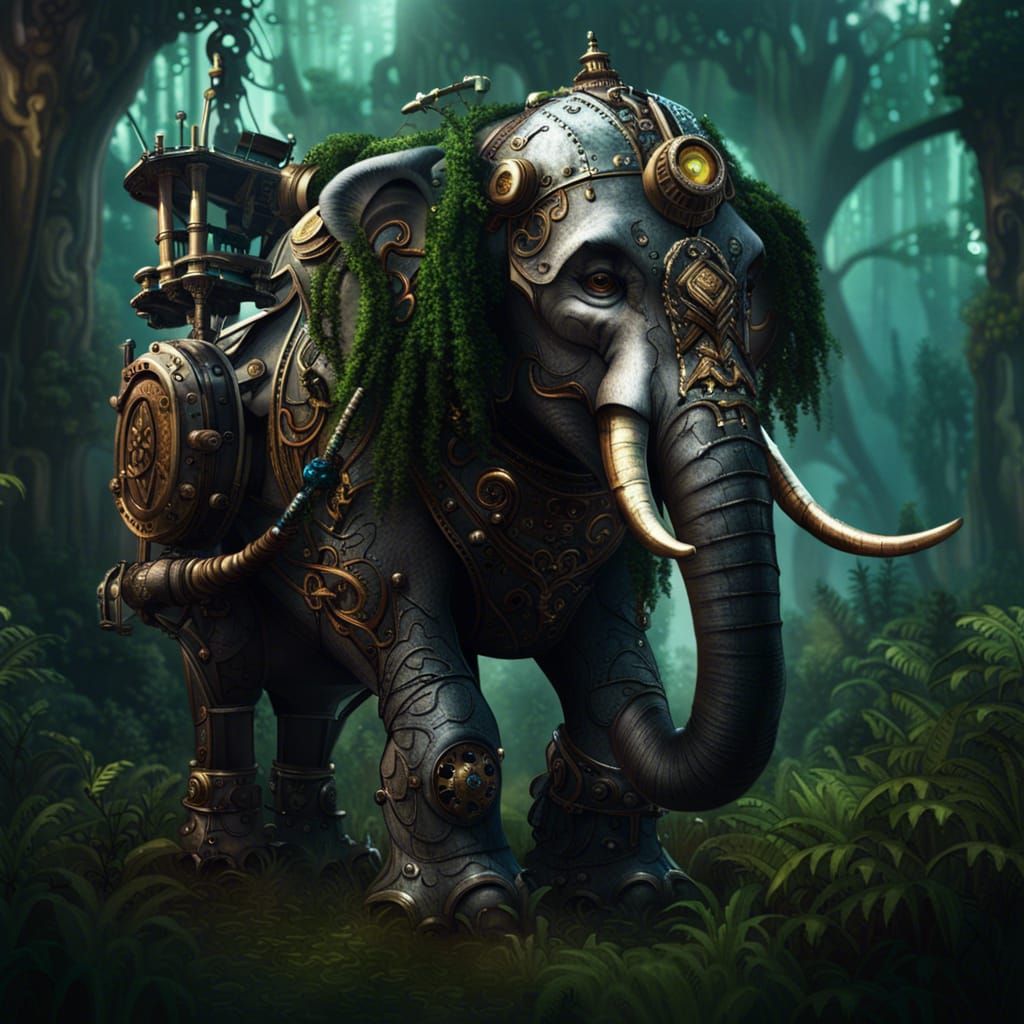 Armored steampunk elephant ready for battle