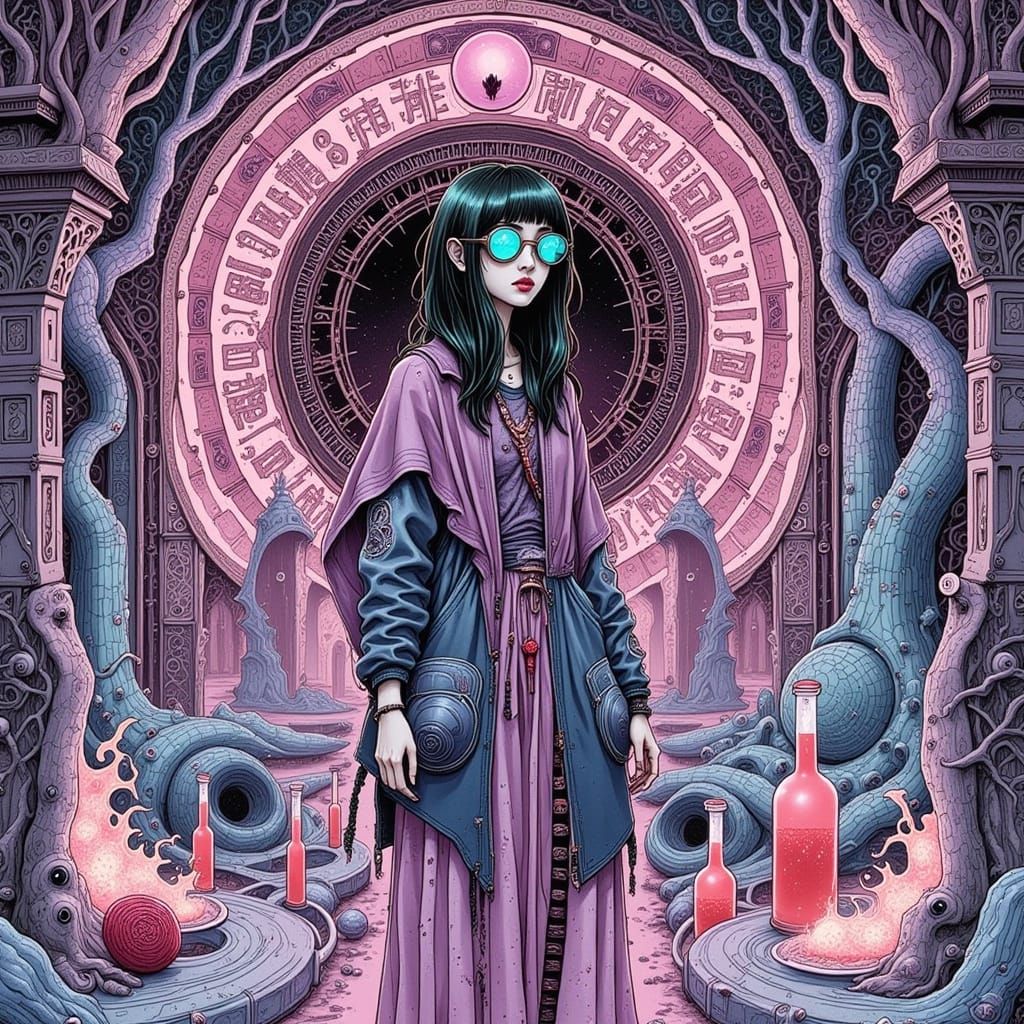 Man in Eldritch Chamber with Neon & Sanskrit