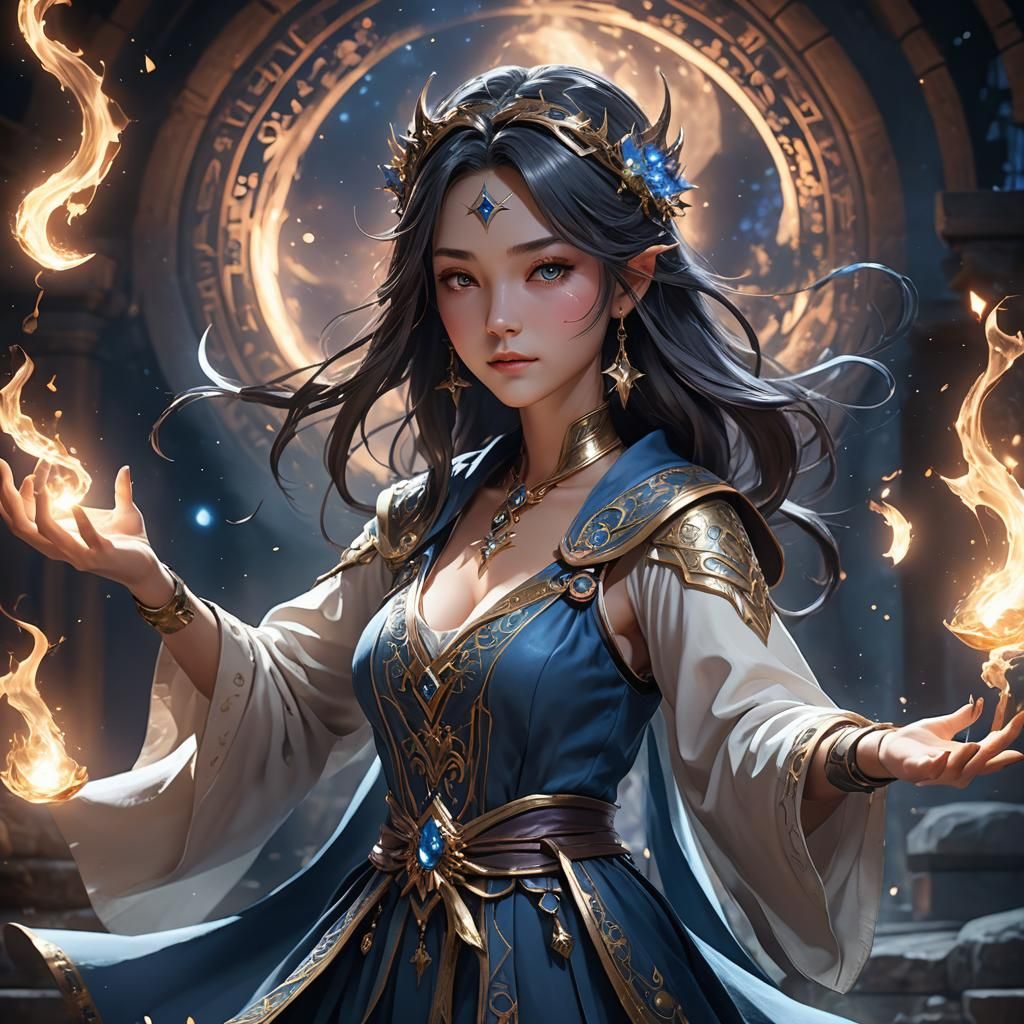 a beautiful sorceress conjuring elemental magic in a chamber
