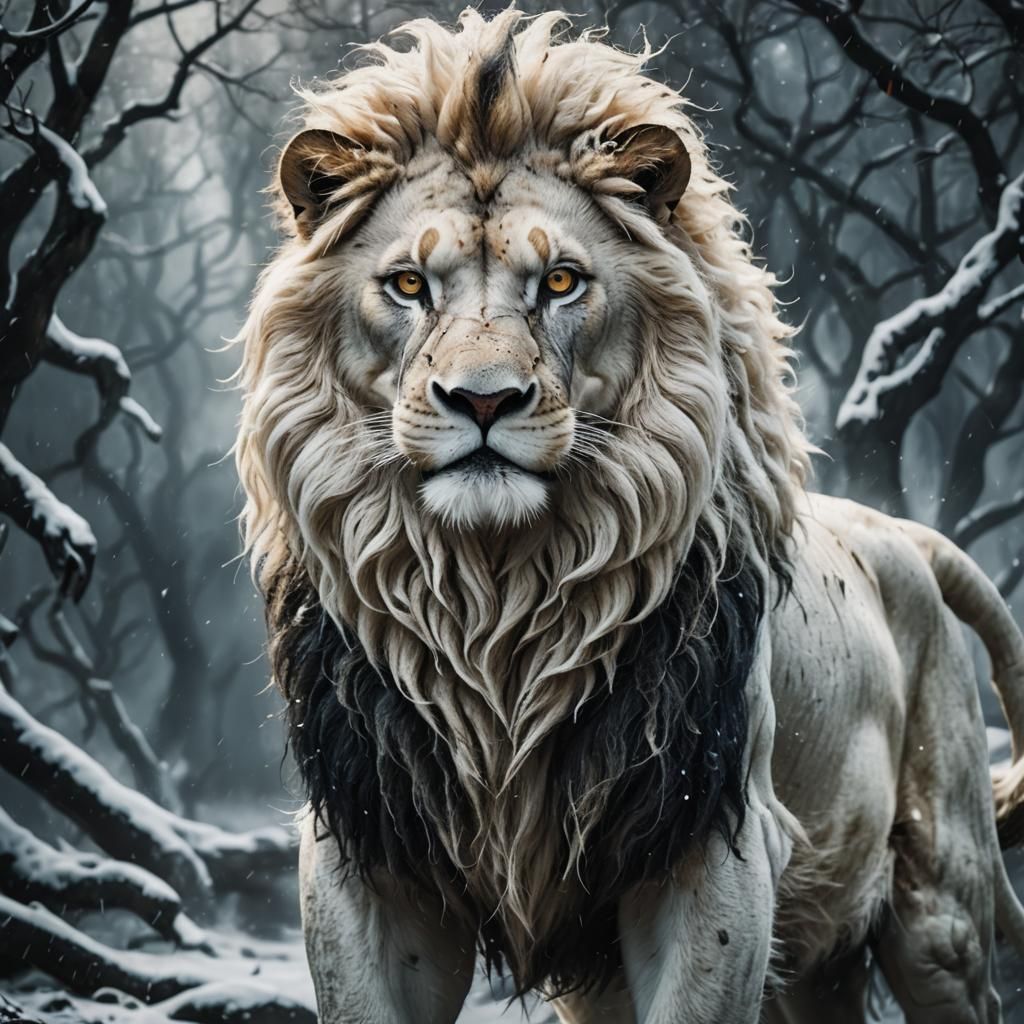 Majestic White Lion in Dark Fantasy Style